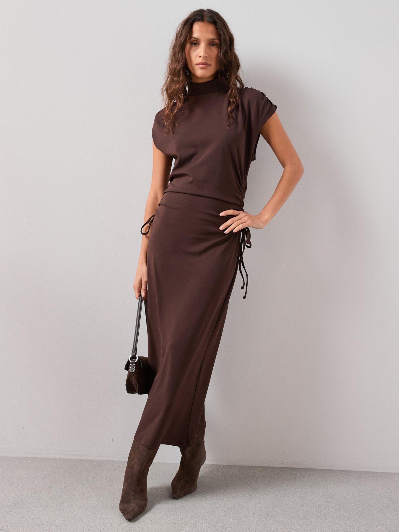 Image 1 of 7 of The Very Collection High Neck Ruched Waist Maxi Dress - Brown
