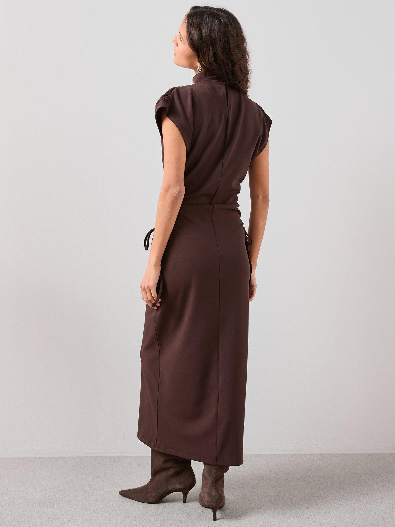Image 2 of 7 of The Very Collection High Neck Ruched Waist Maxi Dress - Brown