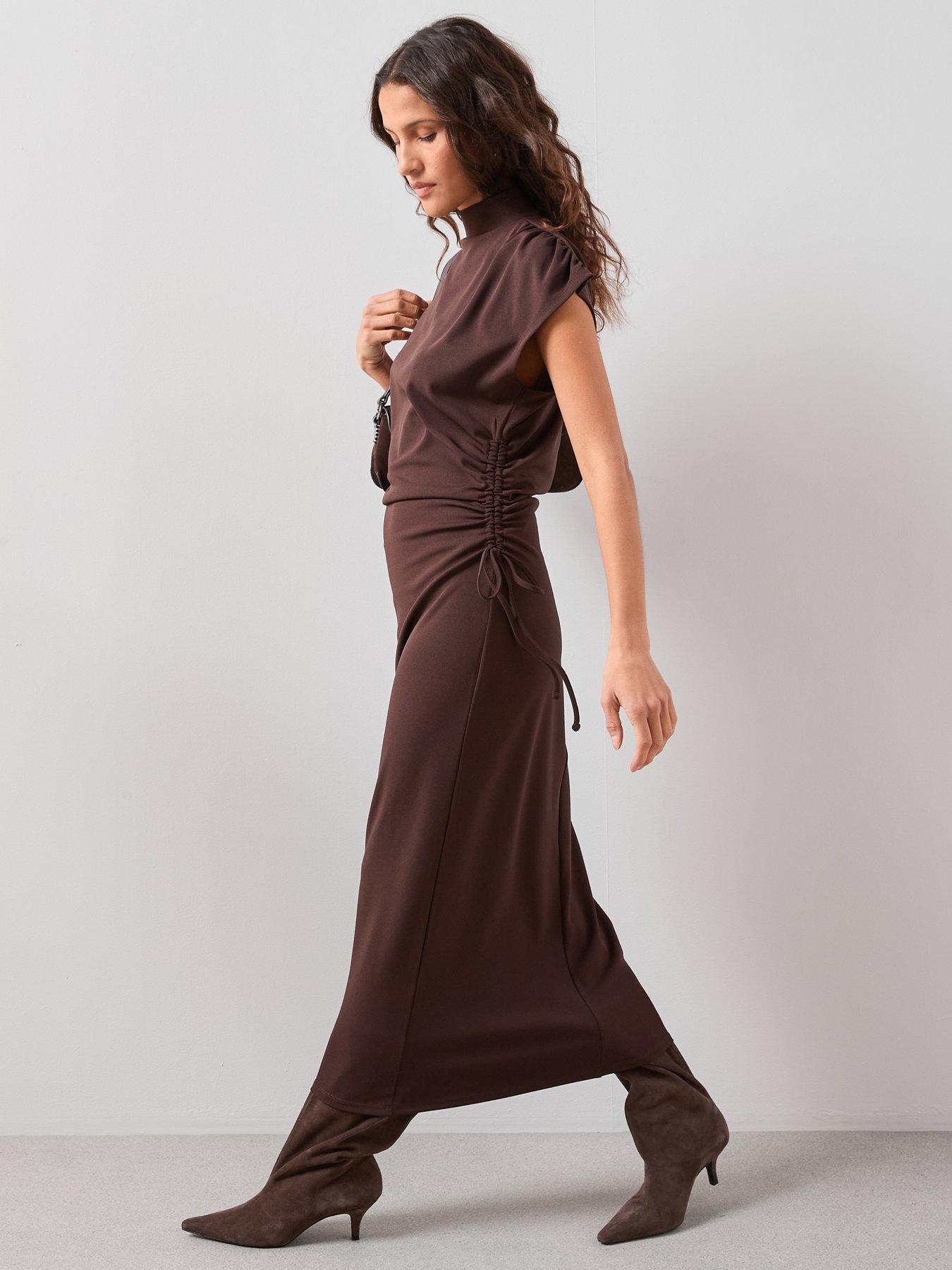Image 3 of 7 of The Very Collection High Neck Ruched Waist Maxi Dress - Brown