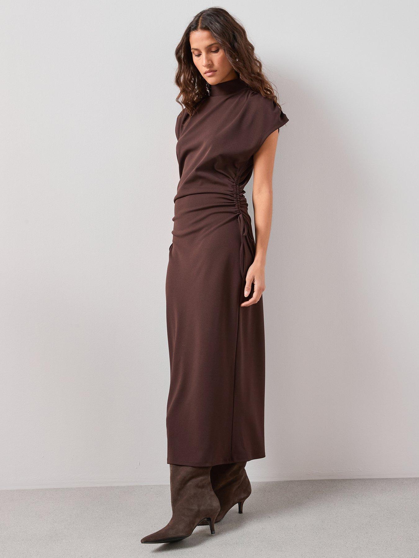Image 4 of 7 of The Very Collection High Neck Ruched Waist Maxi Dress - Brown
