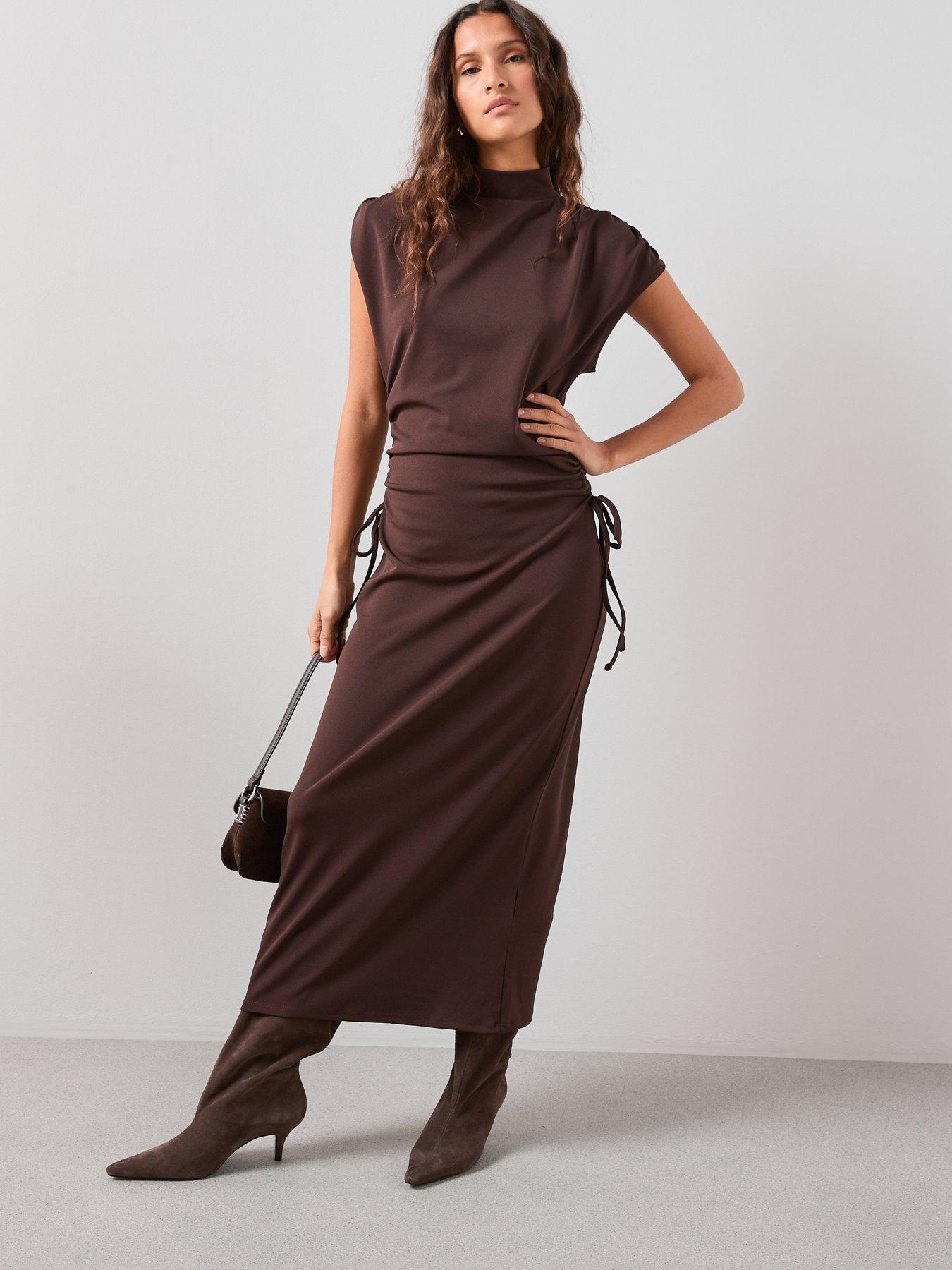 Image 6 of 7 of The Very Collection High Neck Ruched Waist Maxi Dress - Brown