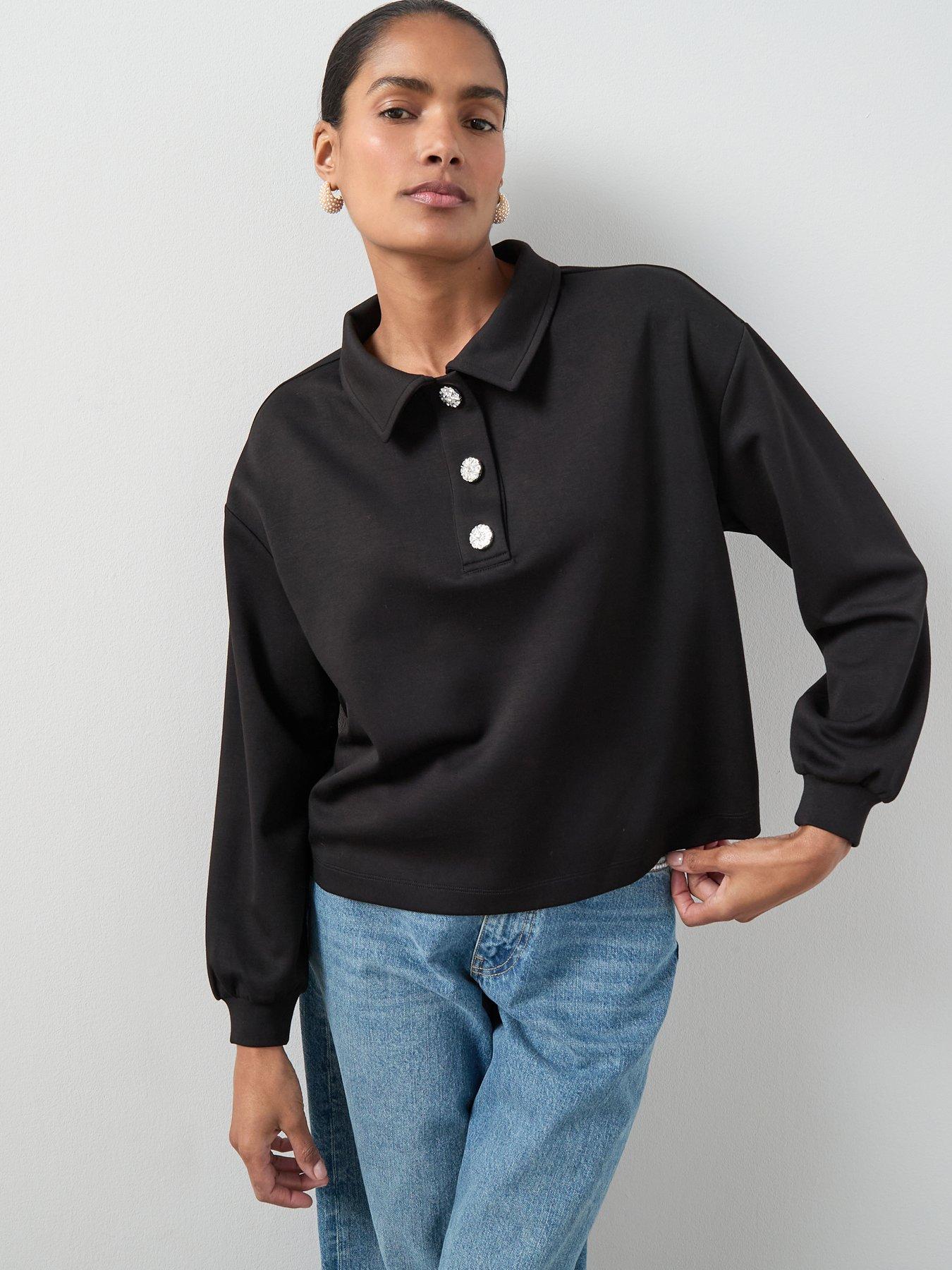  image of the-very-collection-diamante-button-collar-detail-sweatshirt-black