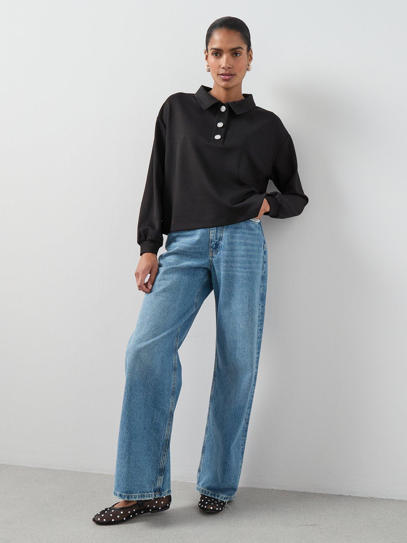  image of the-very-collection-diamante-button-collar-detail-sweatshirt-black