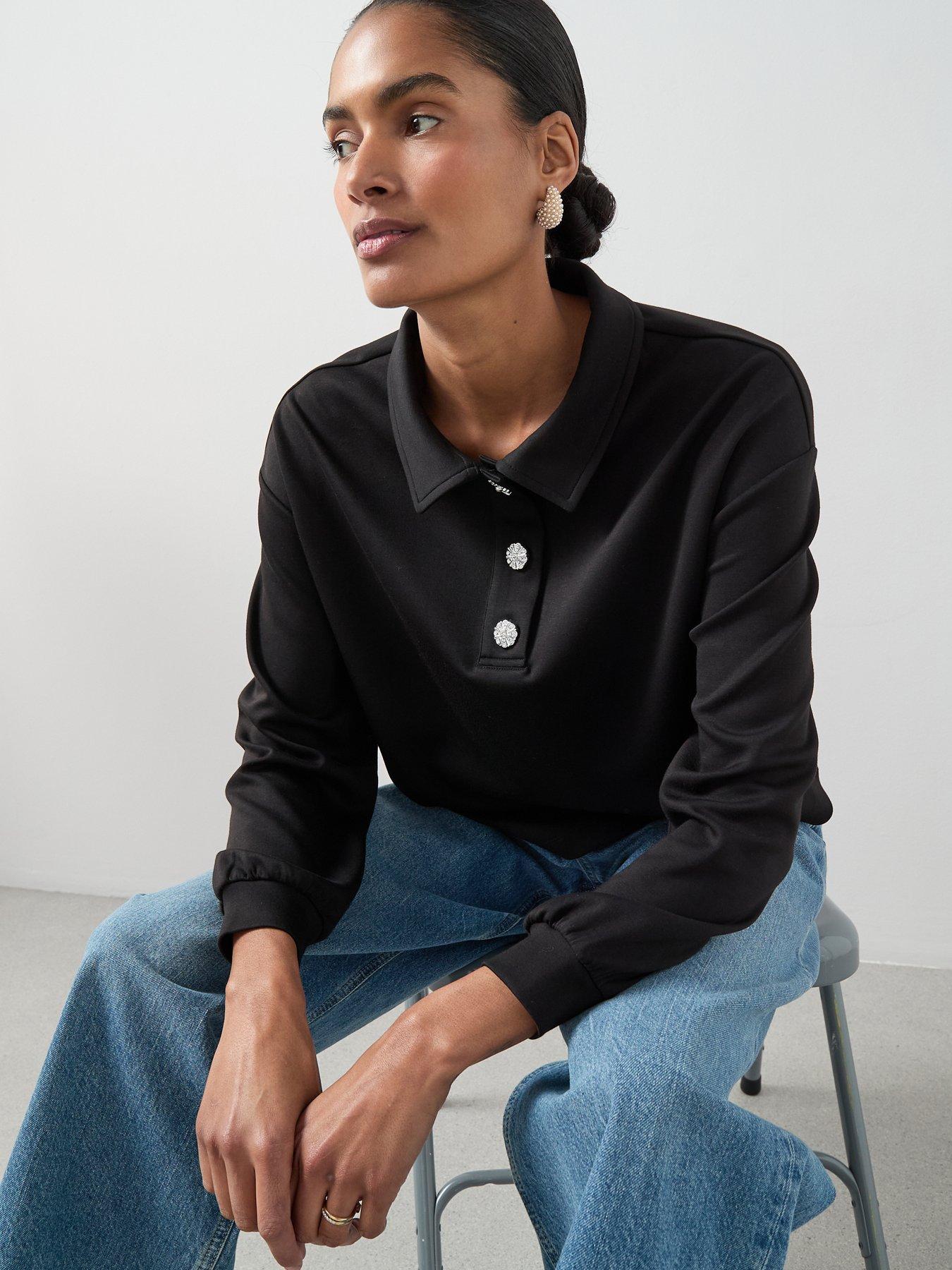  image of the-very-collection-diamante-button-collar-detail-sweatshirt-black