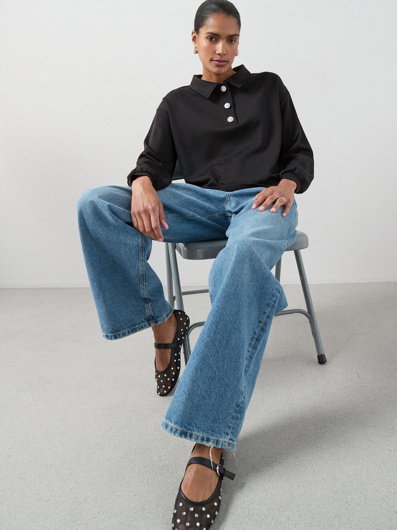  image of the-very-collection-diamante-button-collar-detail-sweatshirt-black