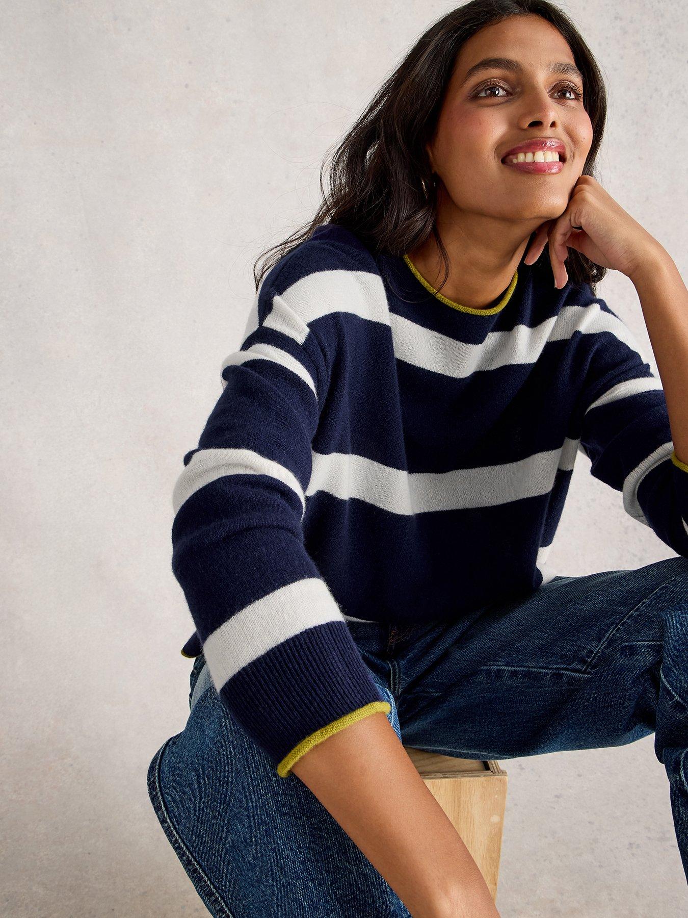 Image 1 of 6 of White Stuff Kitty Stripe Cashmere Jumper - Blue