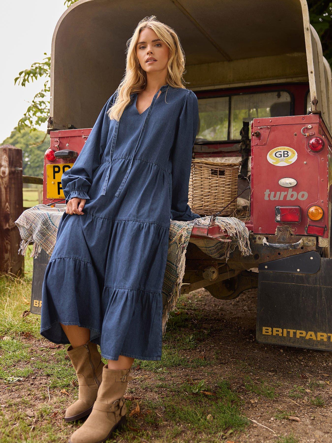 PixieGirl Petite Tie Neck Tiered Denim Dress - Blue