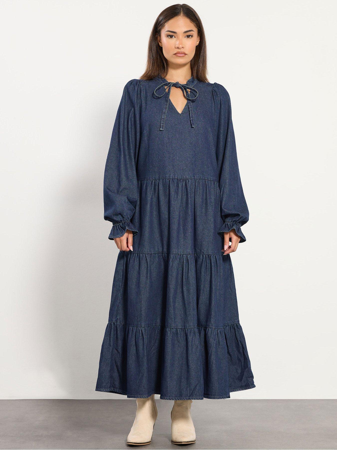 Image 3 of 4 of PixieGirl Petite Tie Neck Tiered Denim Dress - Blue