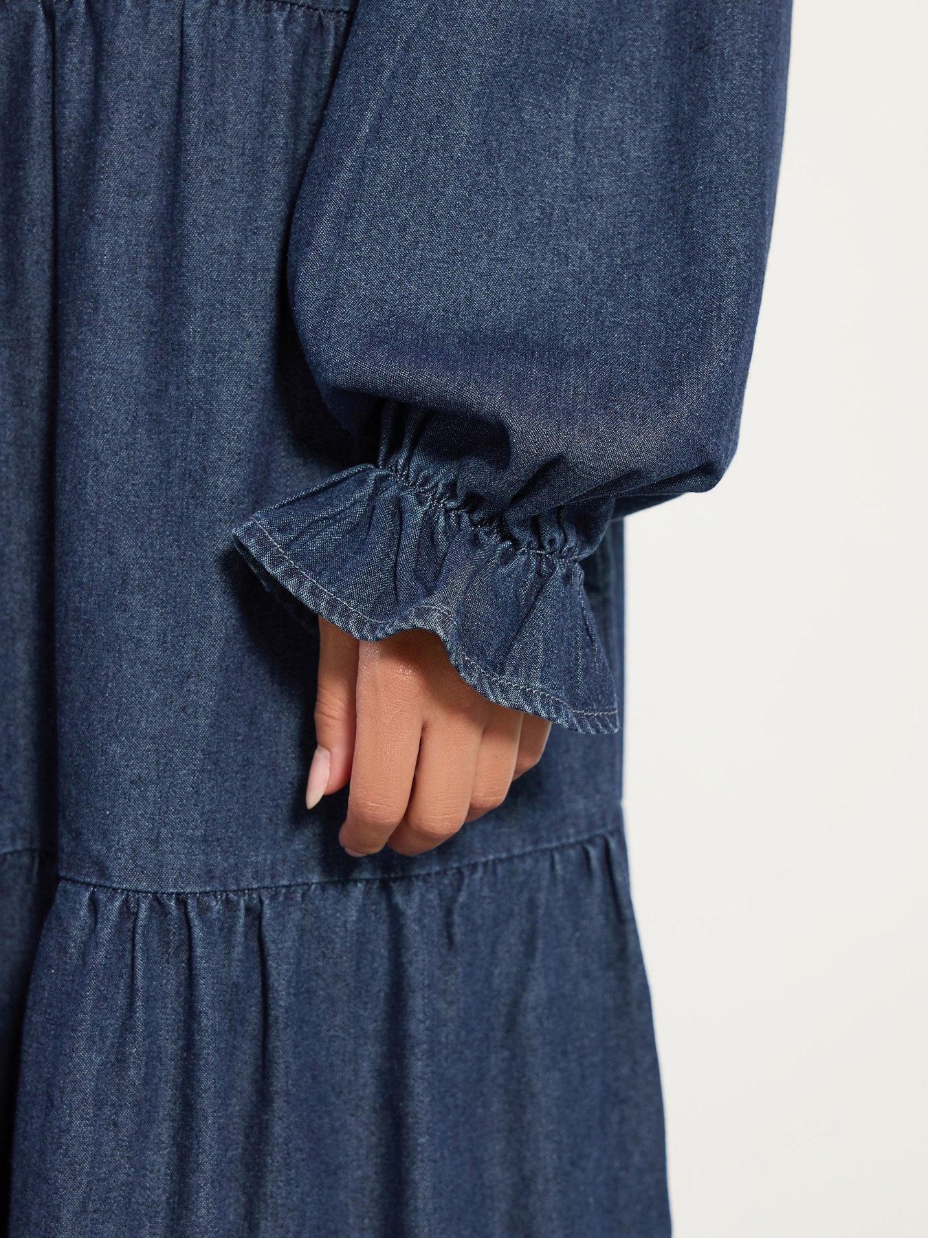 Image 4 of 4 of PixieGirl Petite Tie Neck Tiered Denim Dress - Blue