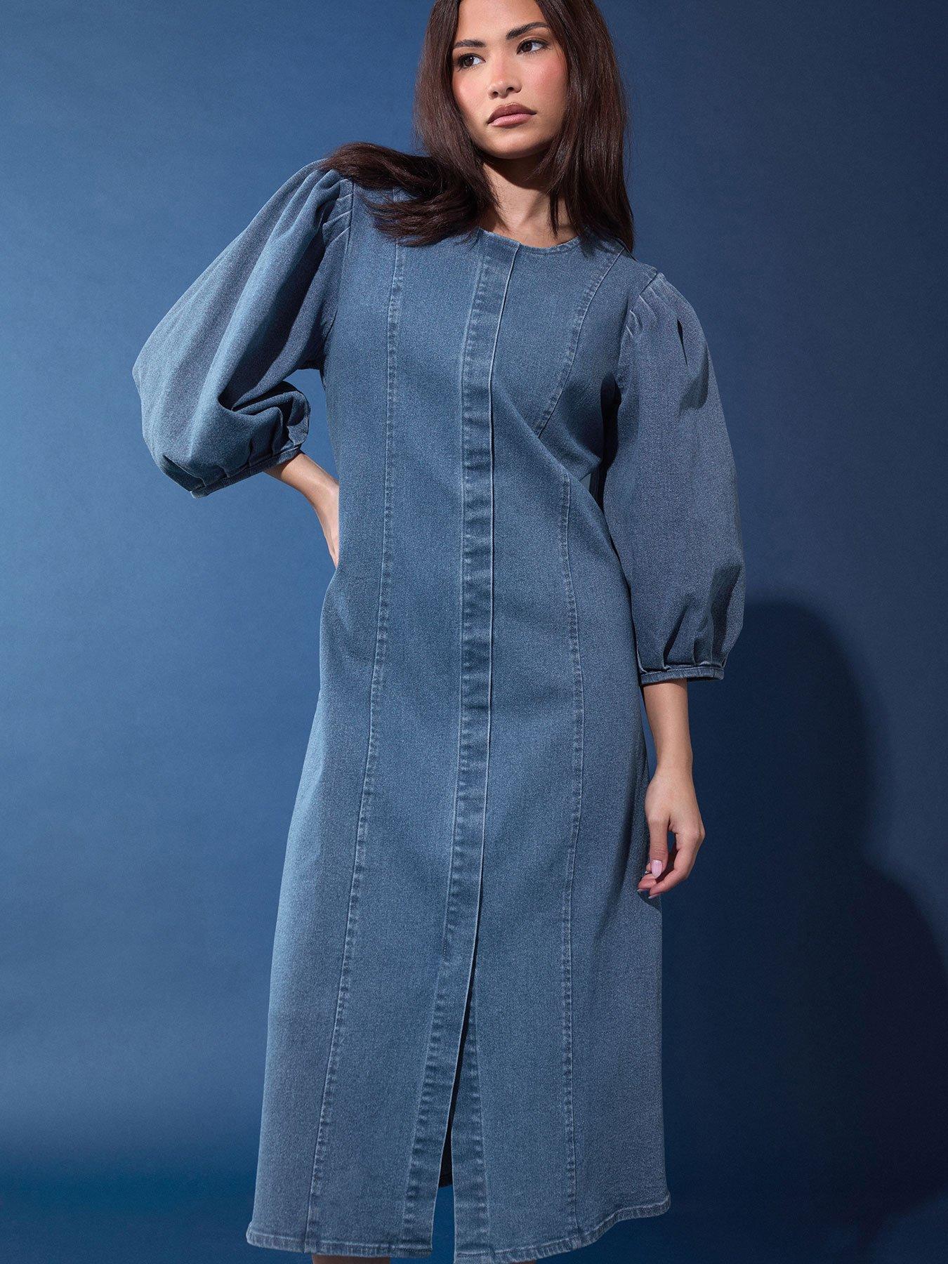Image 1 of 6 of PixieGirl Petit Puff Sleeve Seam Front Midi Dress