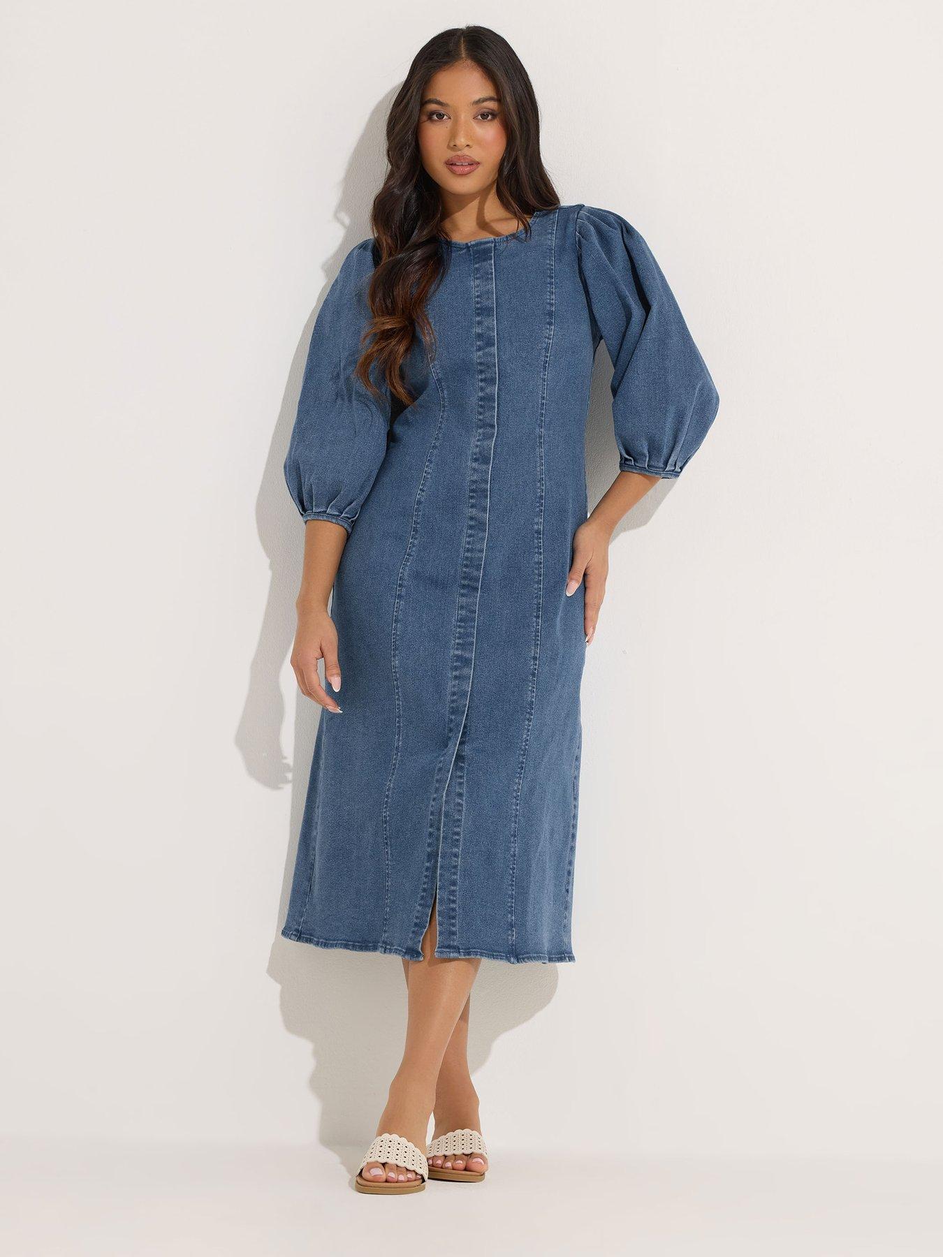 Image 3 of 6 of PixieGirl Petit Puff Sleeve Seam Front Midi Dress