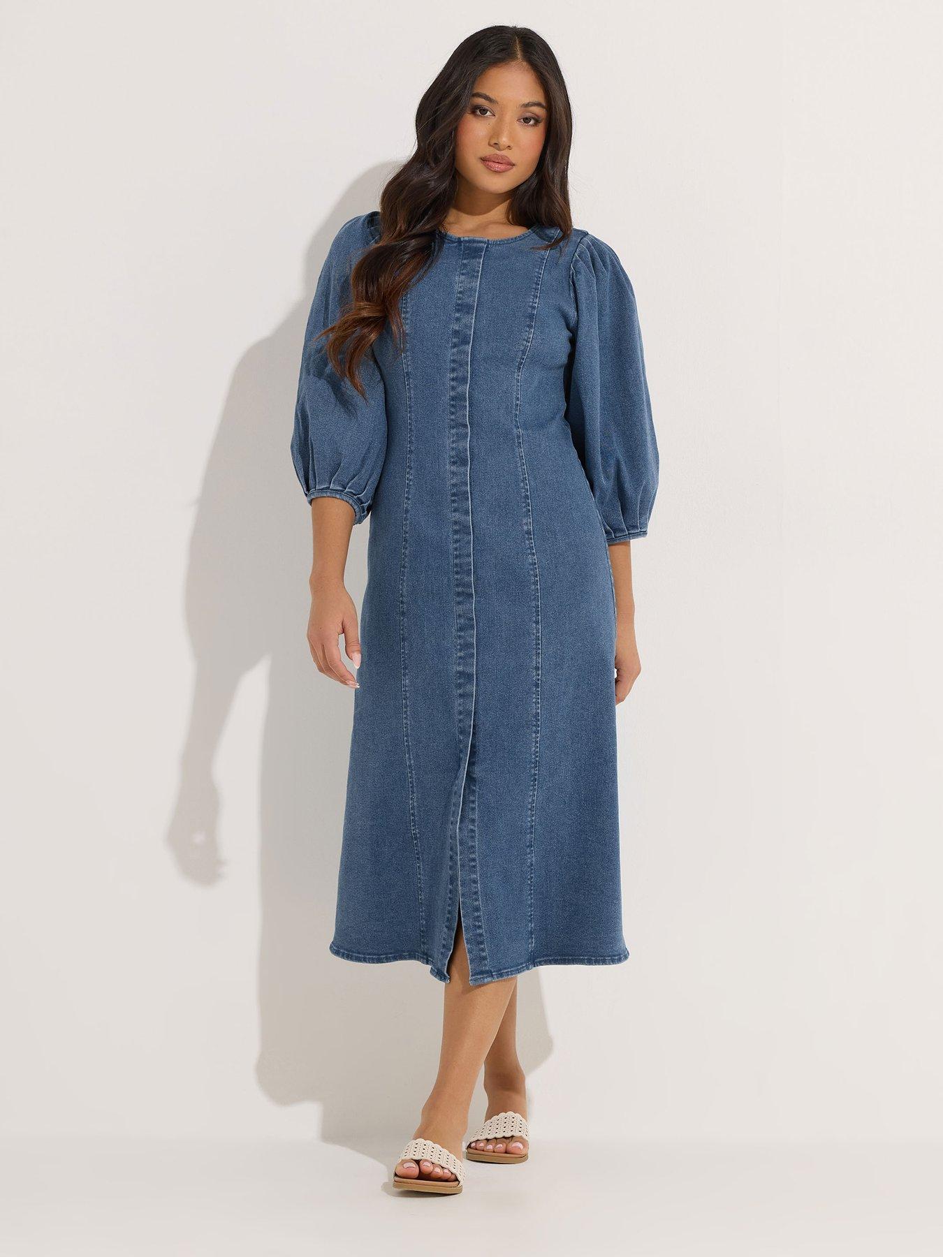Image 4 of 6 of PixieGirl Petit Puff Sleeve Seam Front Midi Dress