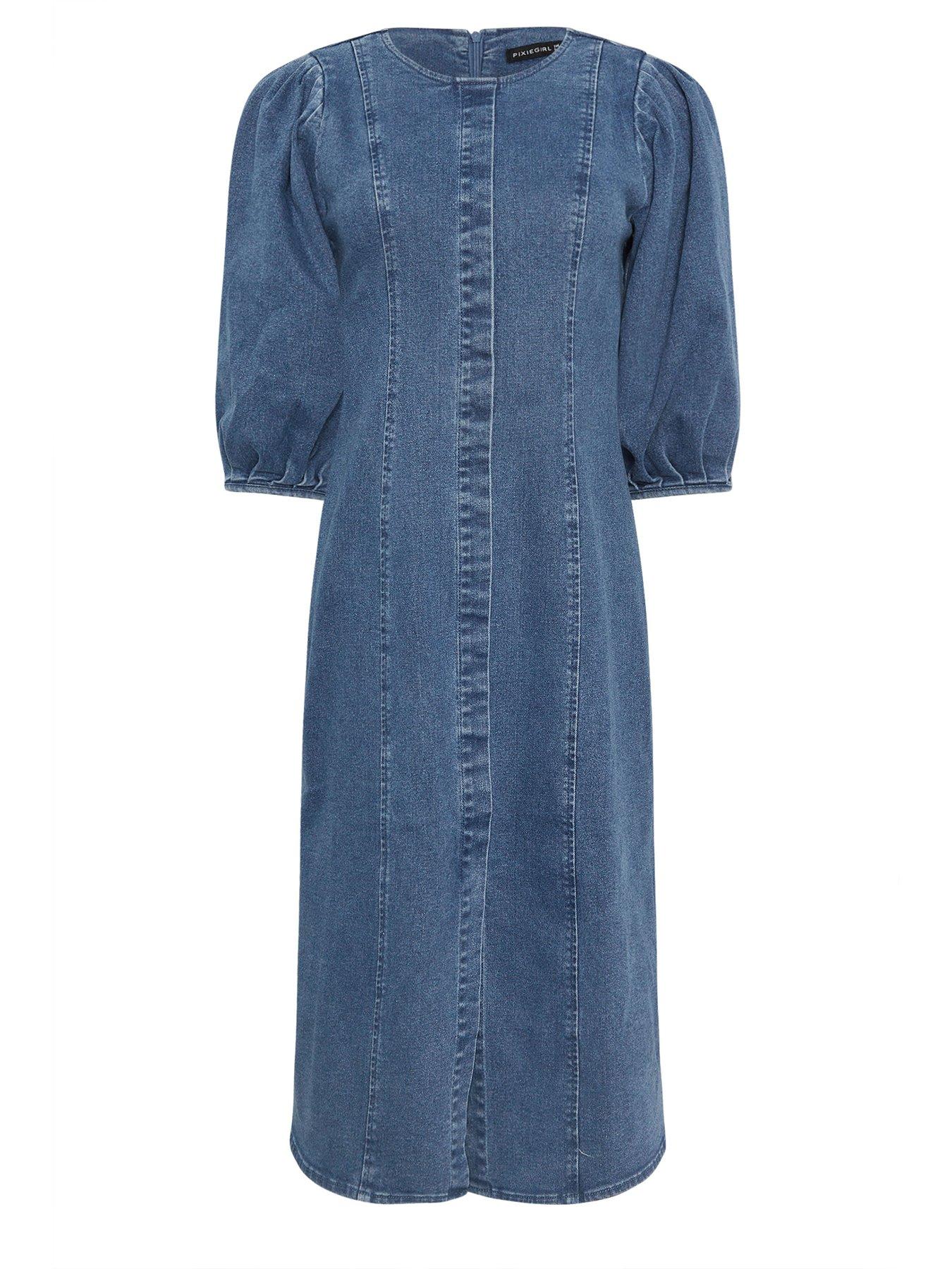 Image 6 of 6 of PixieGirl Petit Puff Sleeve Seam Front Midi Dress