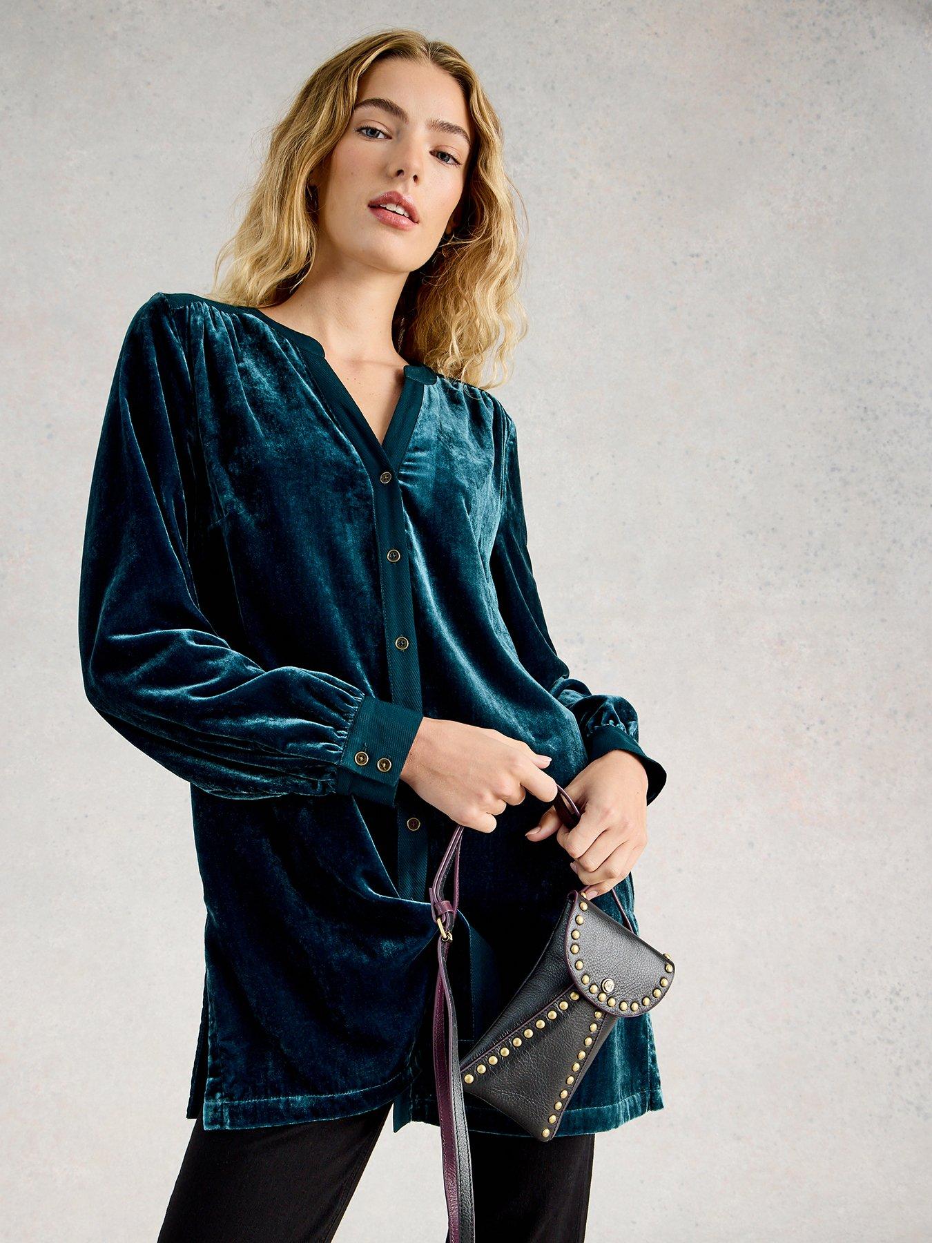 front image of white-stuff-olive-velvet-tunic-green