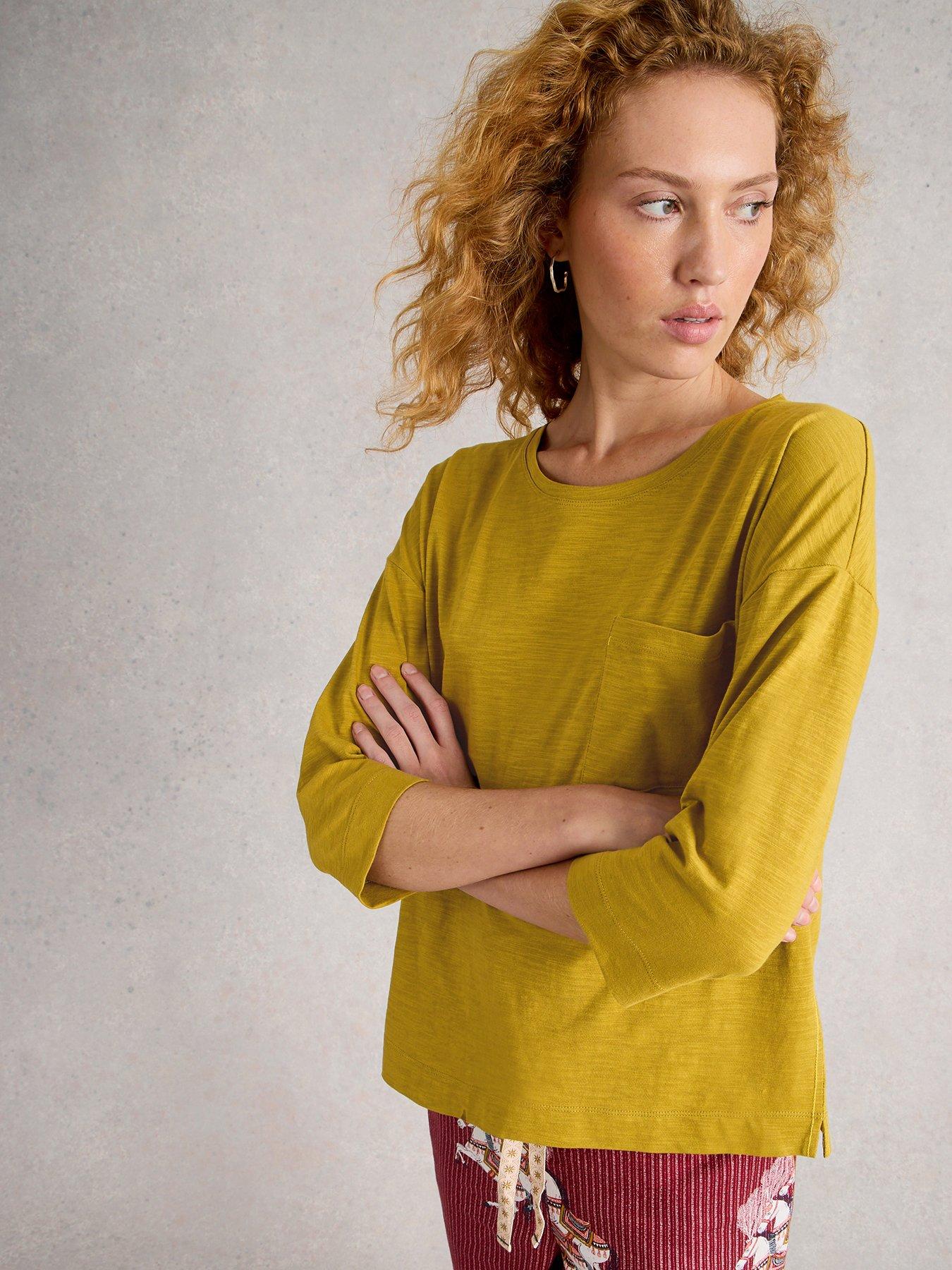 front image of white-stuff-mia-34-sleeve-boxy-t-shirt-mid-chartreuse