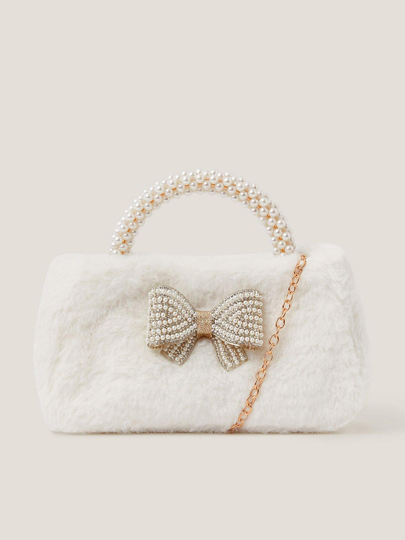 undefined Girls Fluffy Pearl Handle Bag - Light Cream