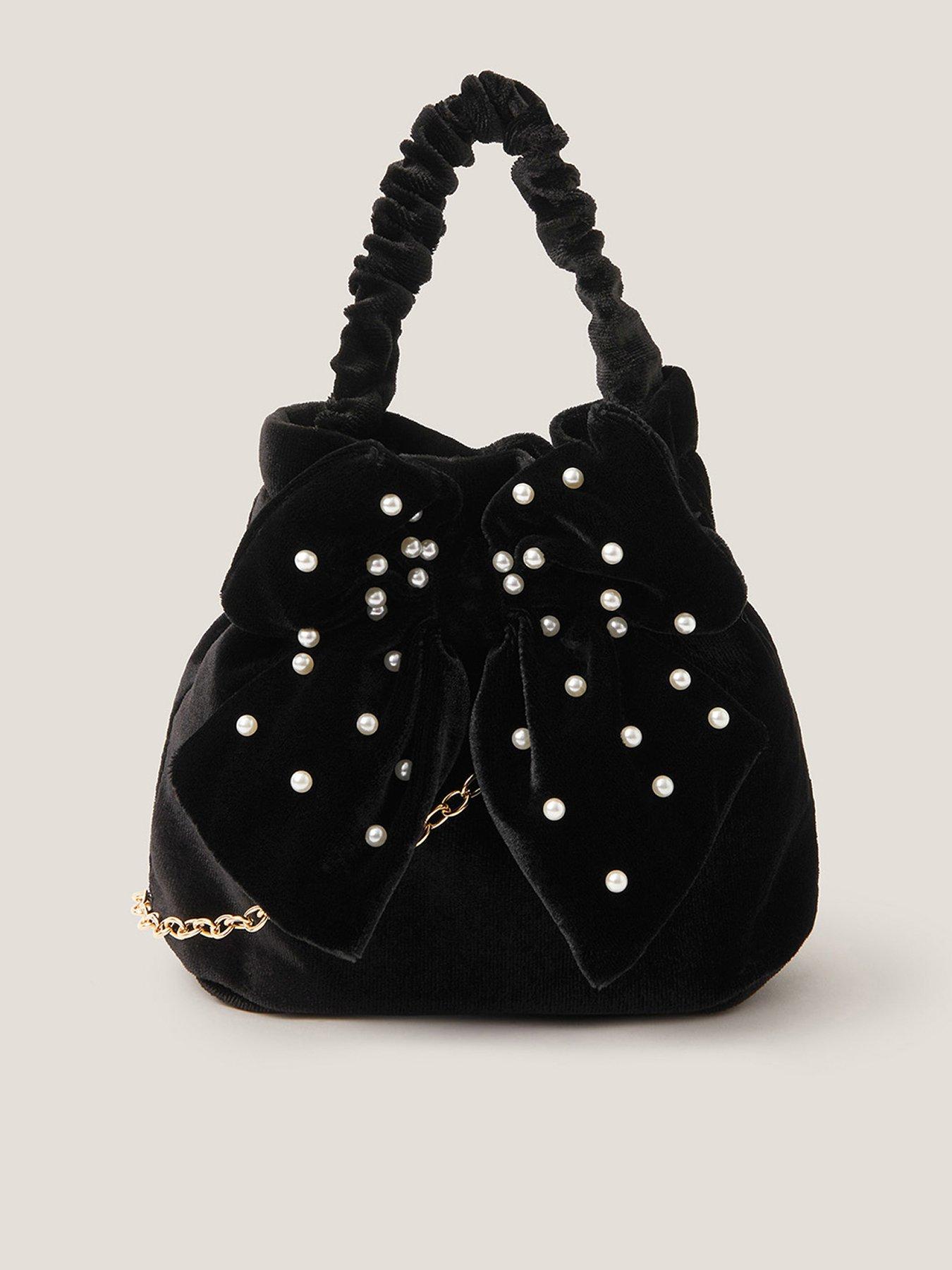undefined Girls Puff Pearl Bow Velvet Bag - Black