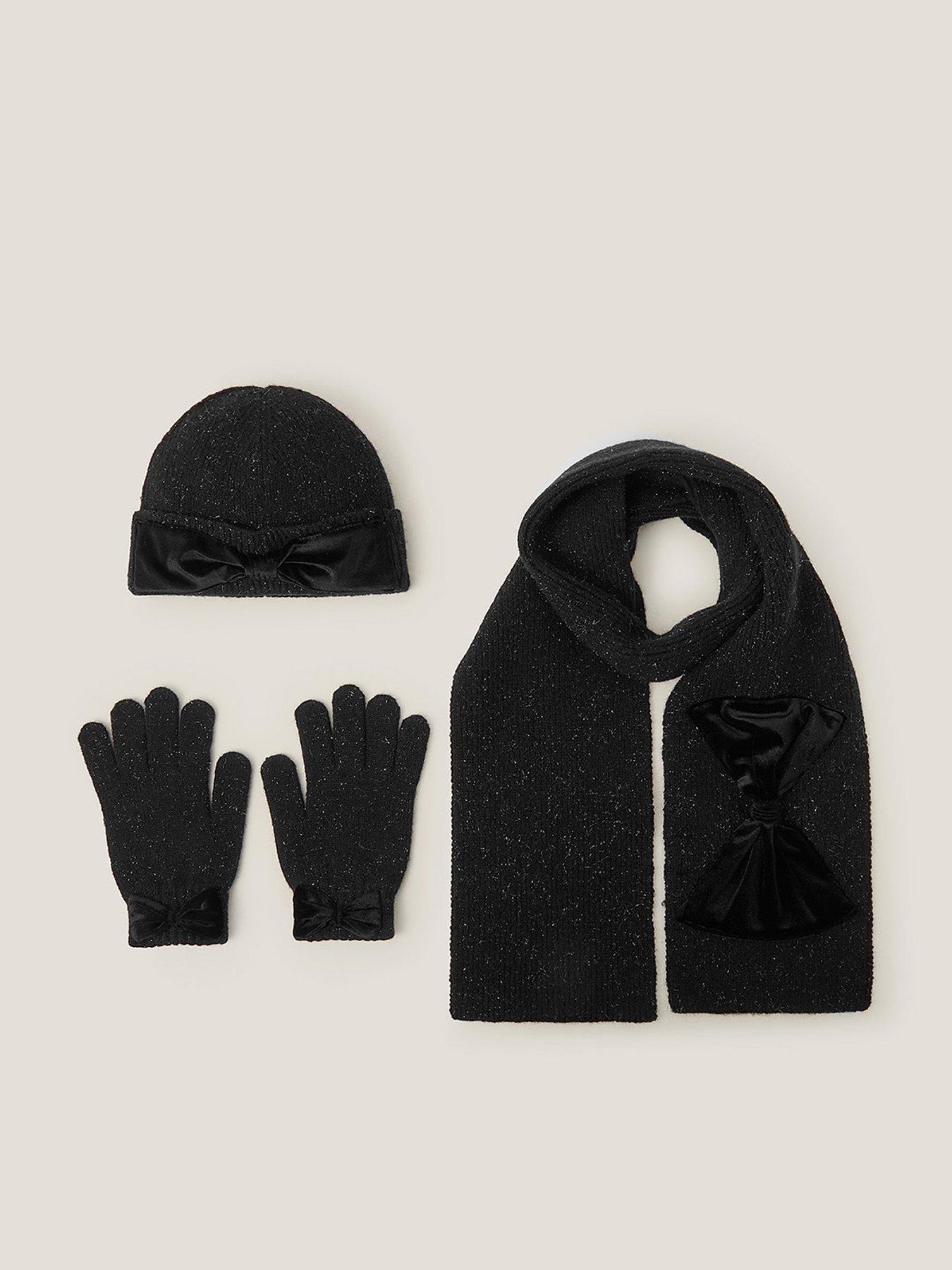 Monsoon Girls Sparkle Bow Hat Set - Black