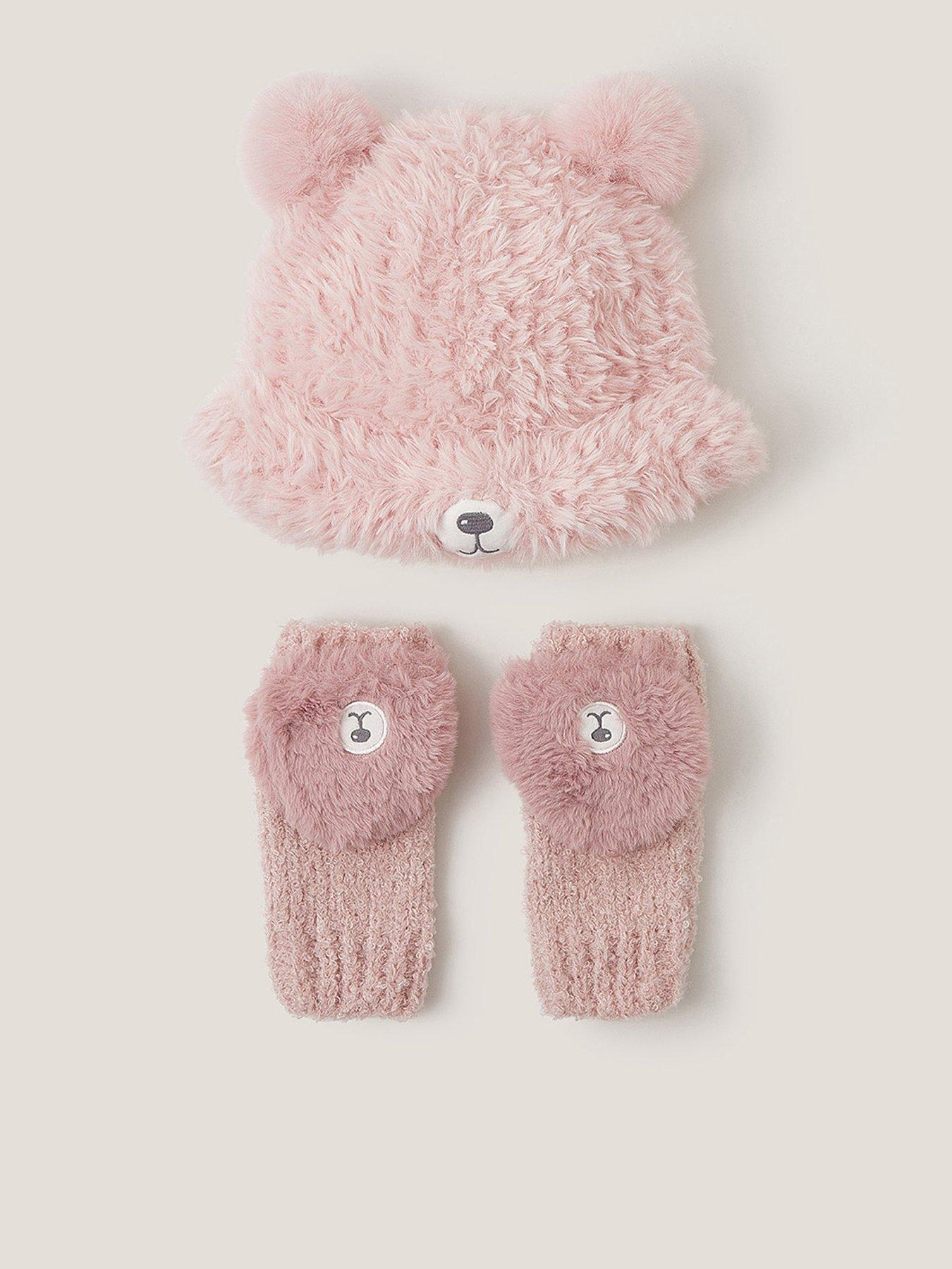  image of monsoon-girls-fluffy-teddy-hat-and-mitten-set-pink