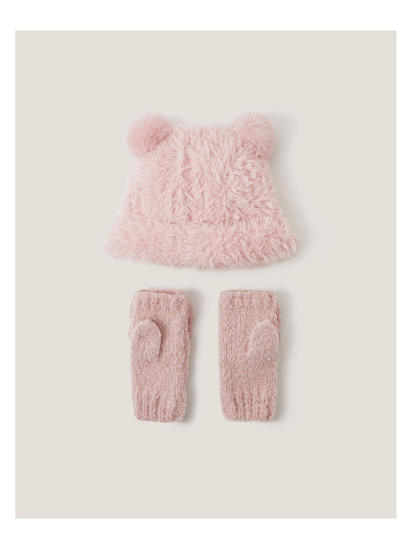  image of monsoon-girls-fluffy-teddy-hat-and-mitten-set-pink