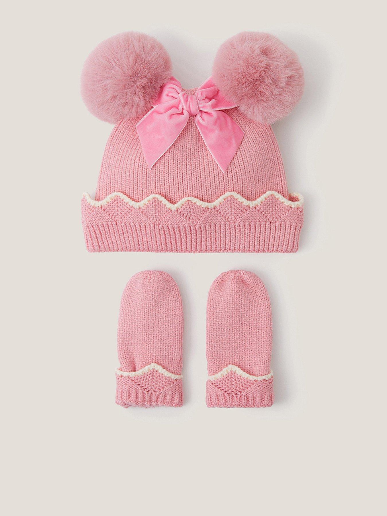 Monsoon Baby Girls Scallop Hat And Mittens - Pink