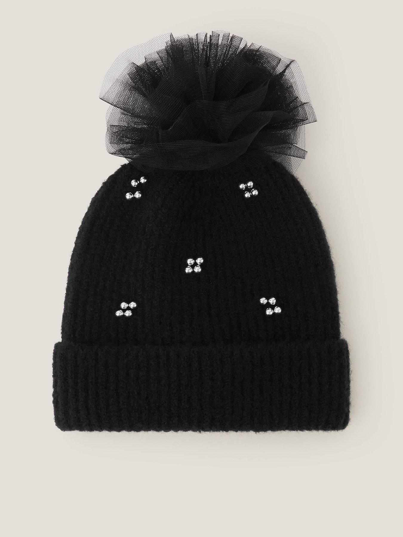 Monsoon Girls Pearl Tulle Pom Hat - Black