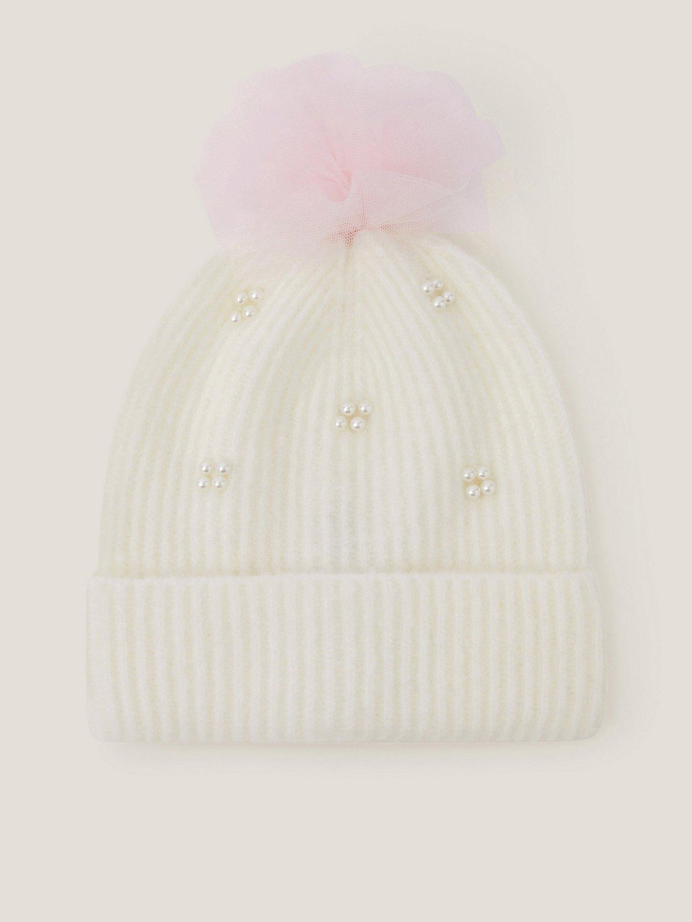 Monsoon Girls Pearl Tulle Pom Hat - Light Cream