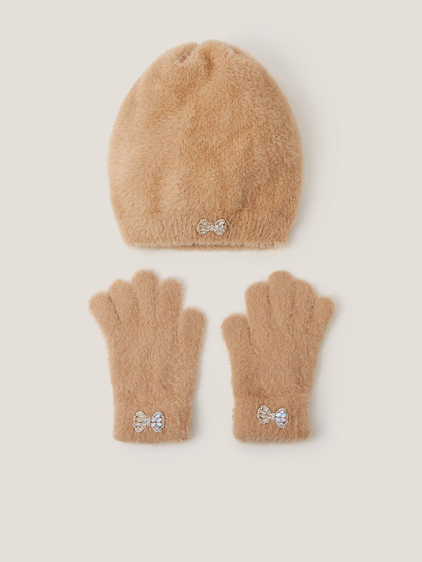 Monsoon Girls Camel Fluffy Beanie And Gloves - Brown