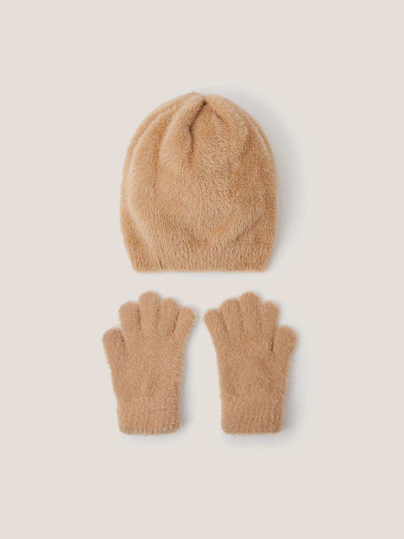  image of monsoon-girls-camel-fluffy-beanie-and-gloves-brown