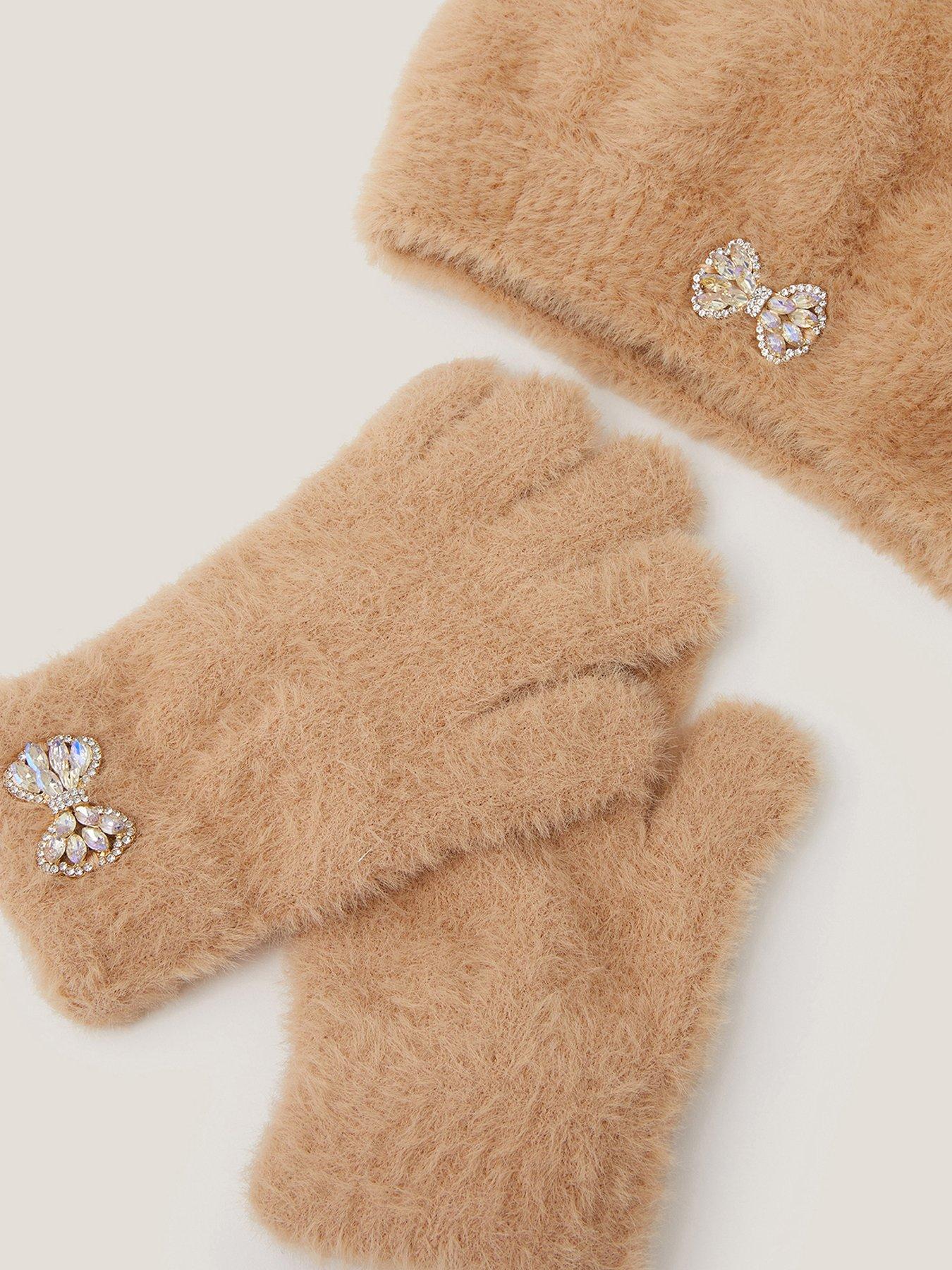  image of monsoon-girls-camel-fluffy-beanie-and-gloves-brown