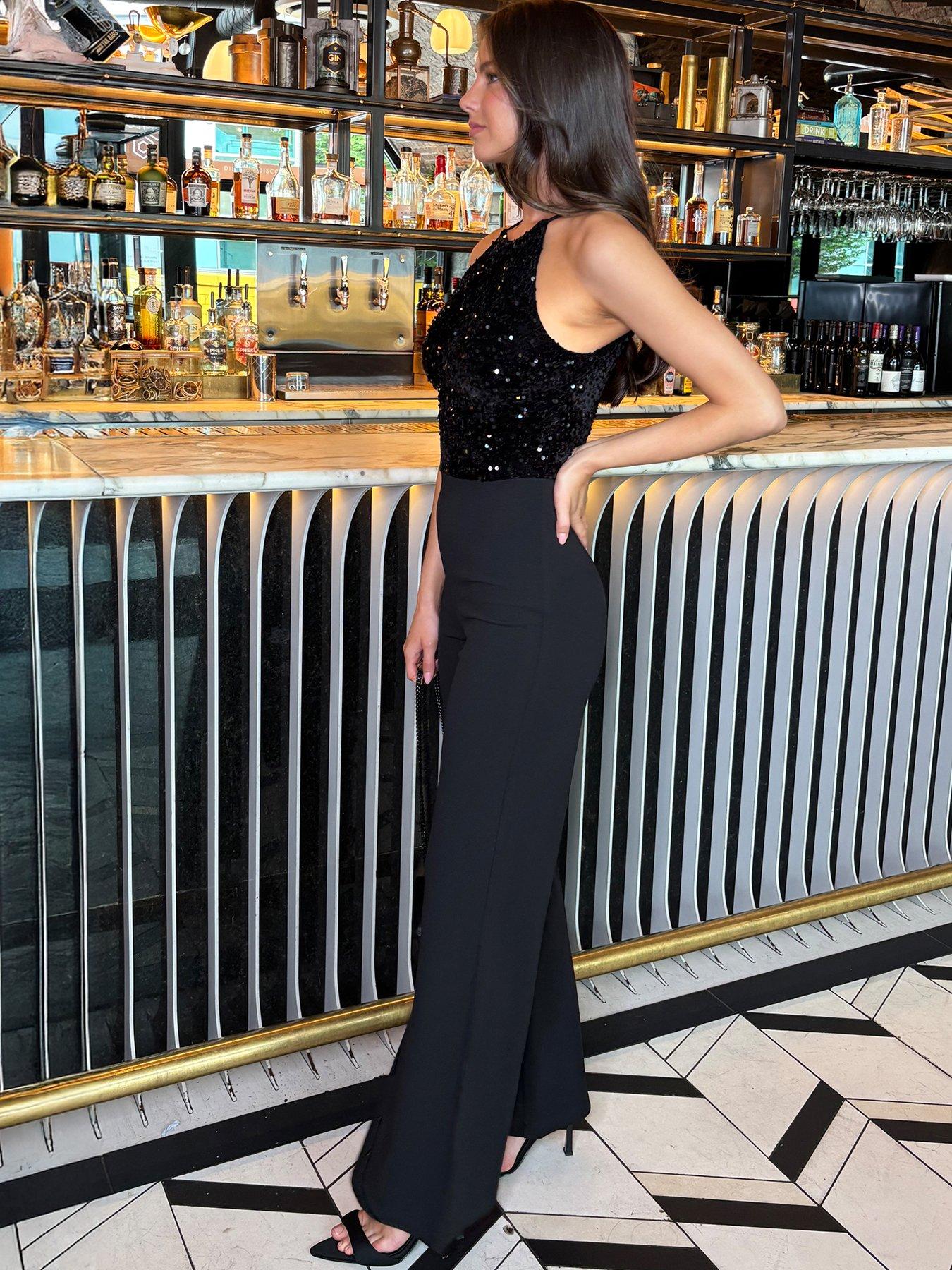  image of ax-paris-velvet-sequin-2-in-1-racer-neck-jumpsuit-black