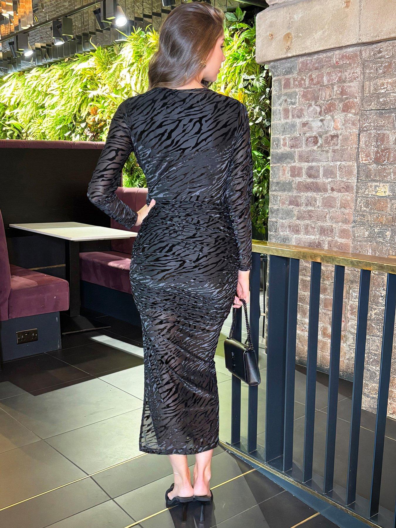 stillFront image of ax-paris-velvet-zebra-striped-overlay-long-sleeve-midi-dress-black