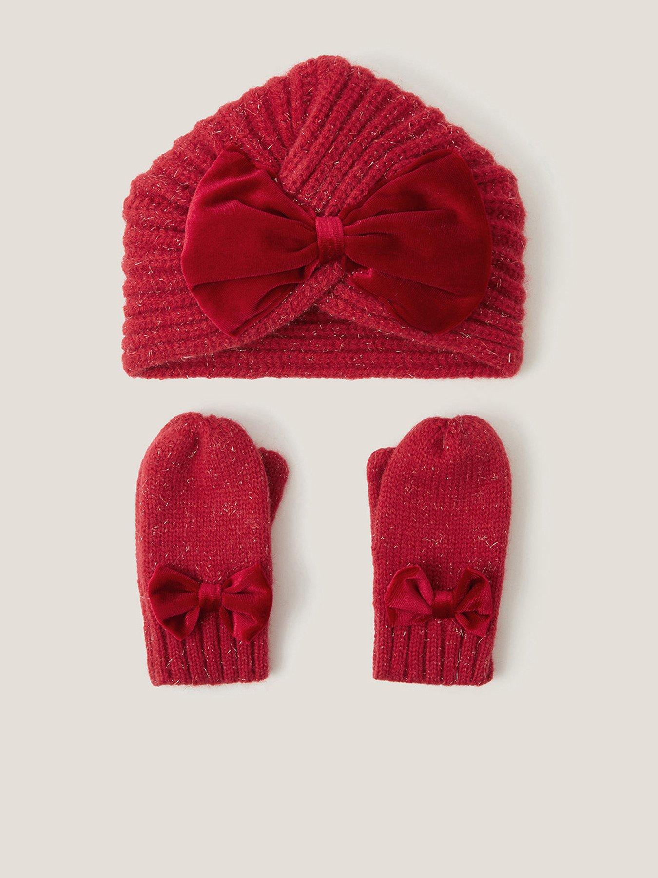 Monsoon Baby Girls Turban Bow Hat With Mittens - Red