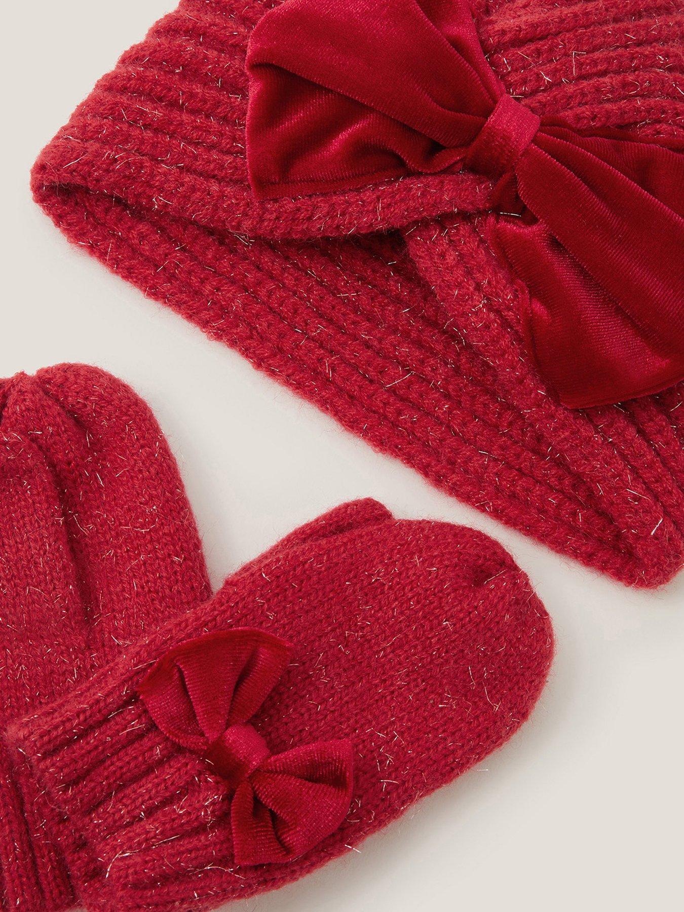 Image 3 of 3 of Monsoon Baby Girls Turban Bow Hat With Mittens - Red