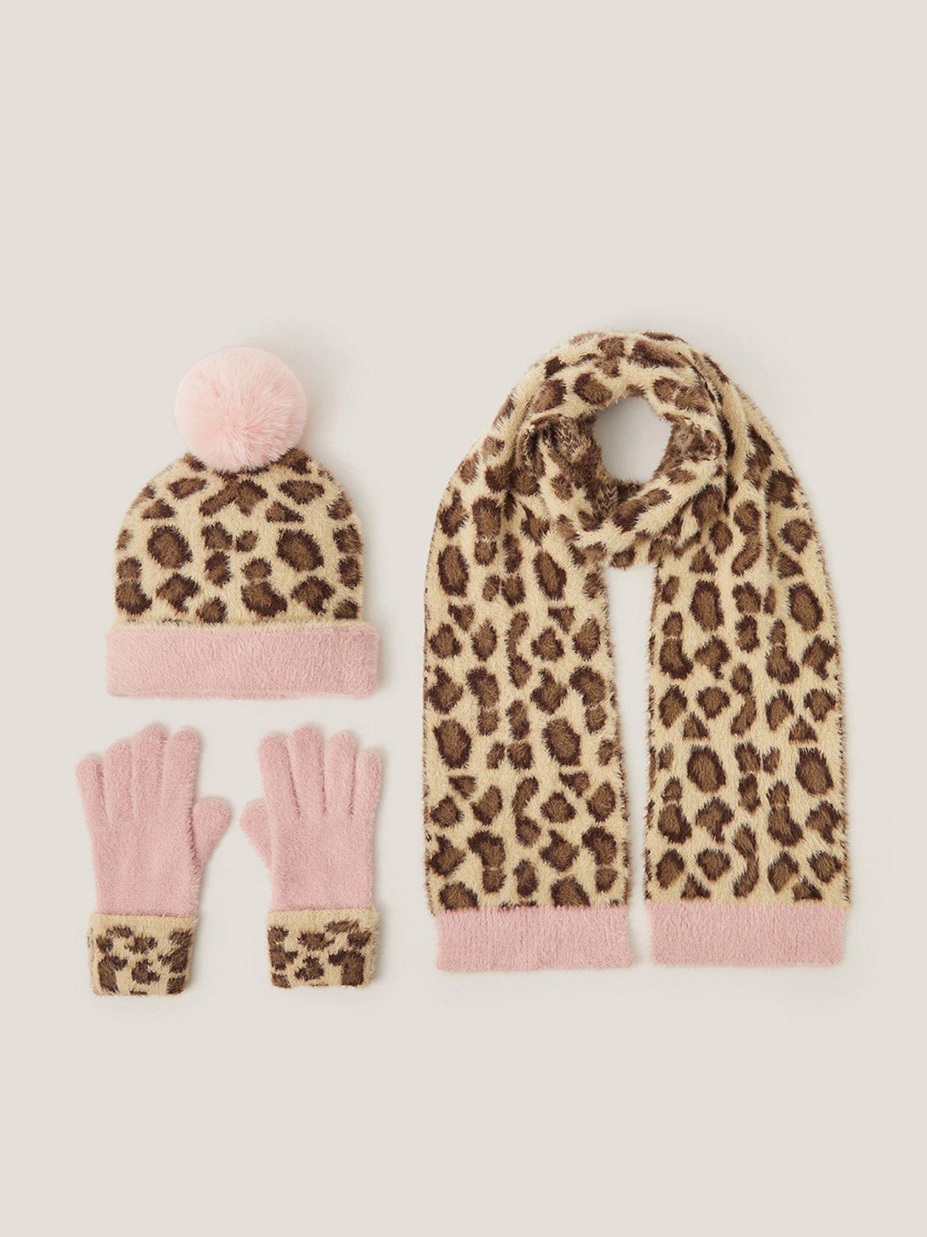 undefined Girls Leopard Print Fluffy Hat, Scarf & Gloves Set - Multi