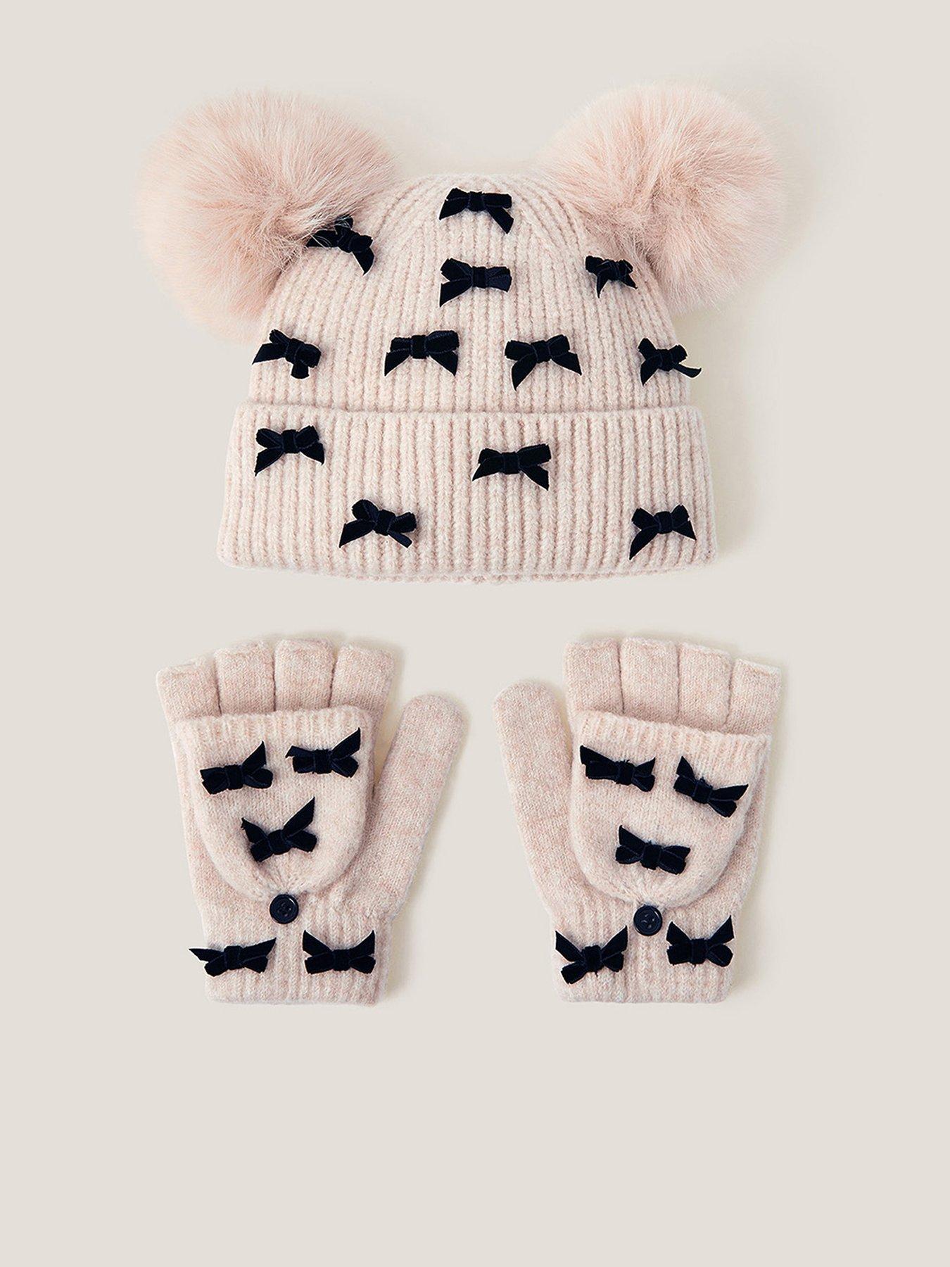 undefined Girls Bow Pom Hat Set - Beige