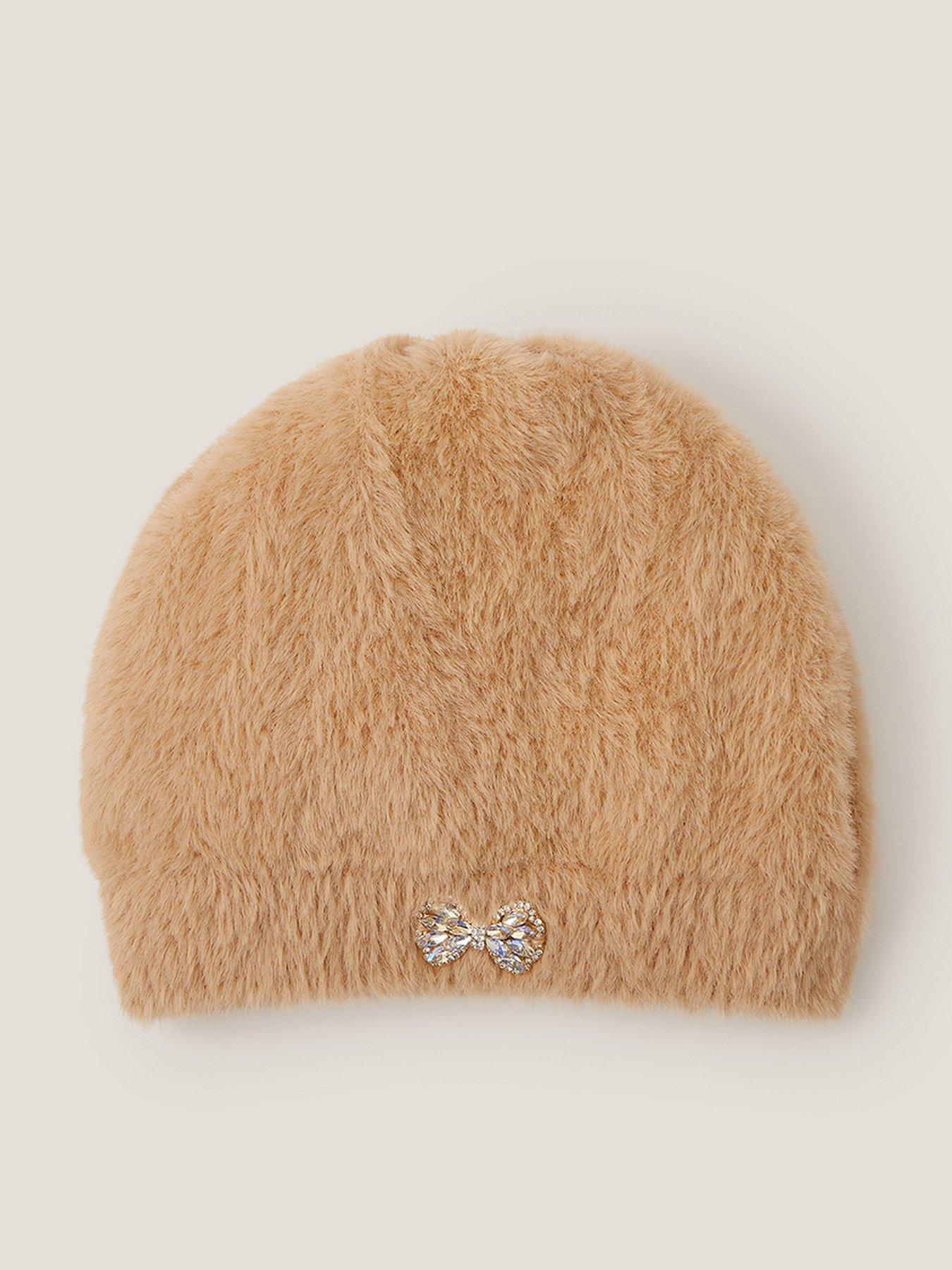 Monsoon Girls Fluffy Jewel Bow Beanie - Brown