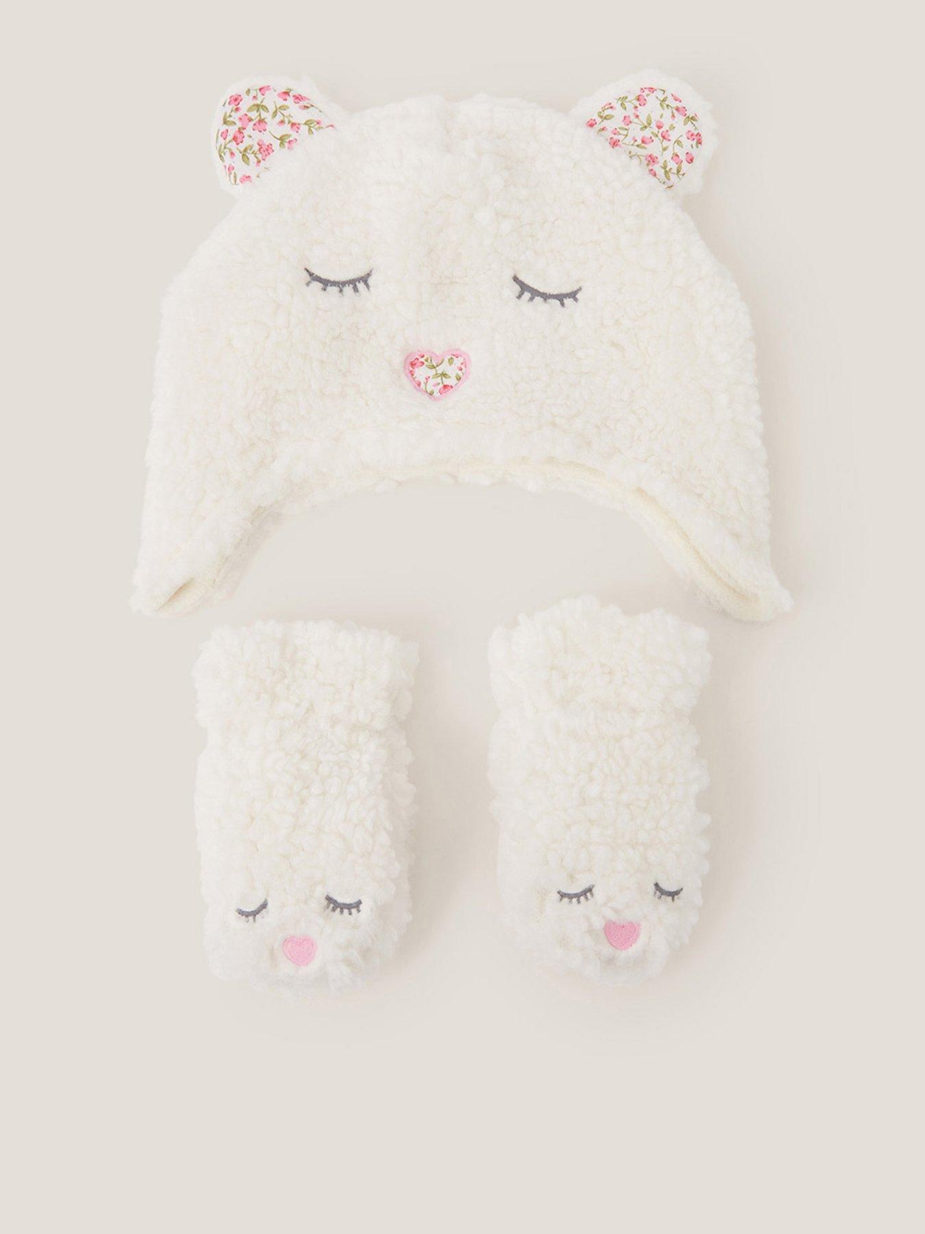 Image 1 of 3 of Monsoon Baby Girls Borg Bear Hat And Mittens - Light Cream