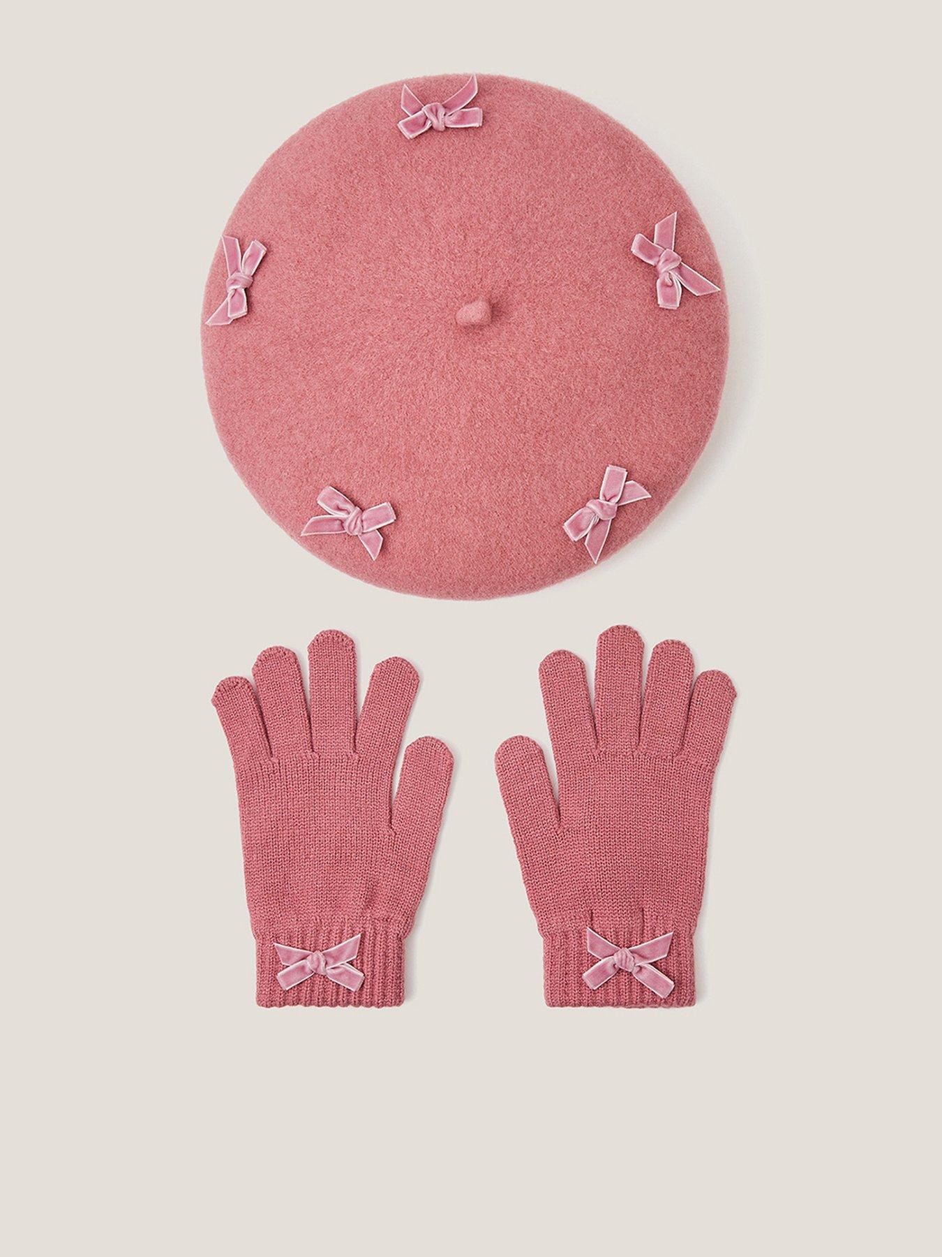  image of monsoon-girls-bow-beret-and-glove-set-pink