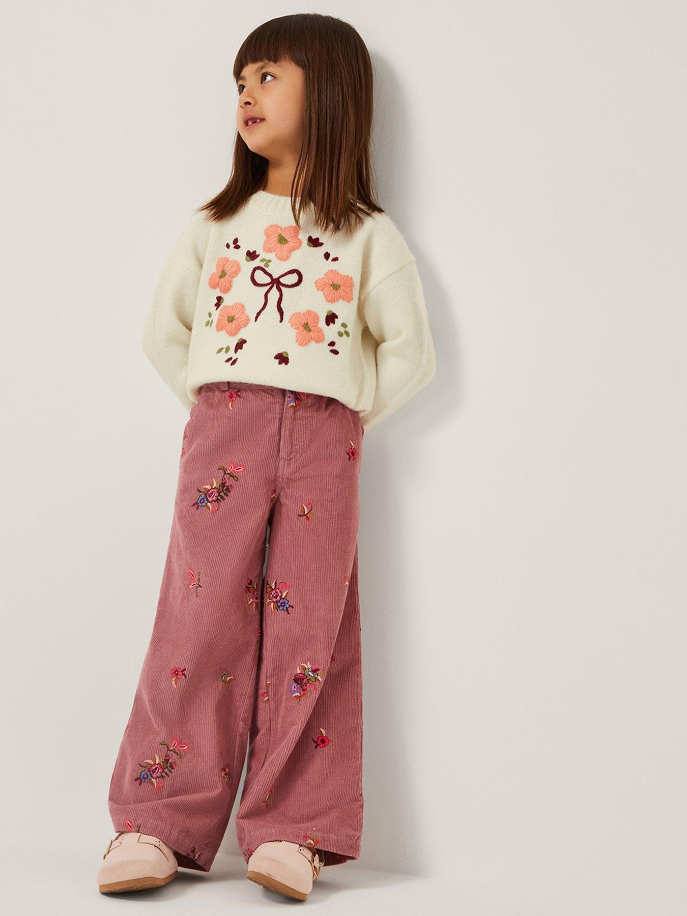undefined Girls Cord All Over Embroidered Trouser - Pink