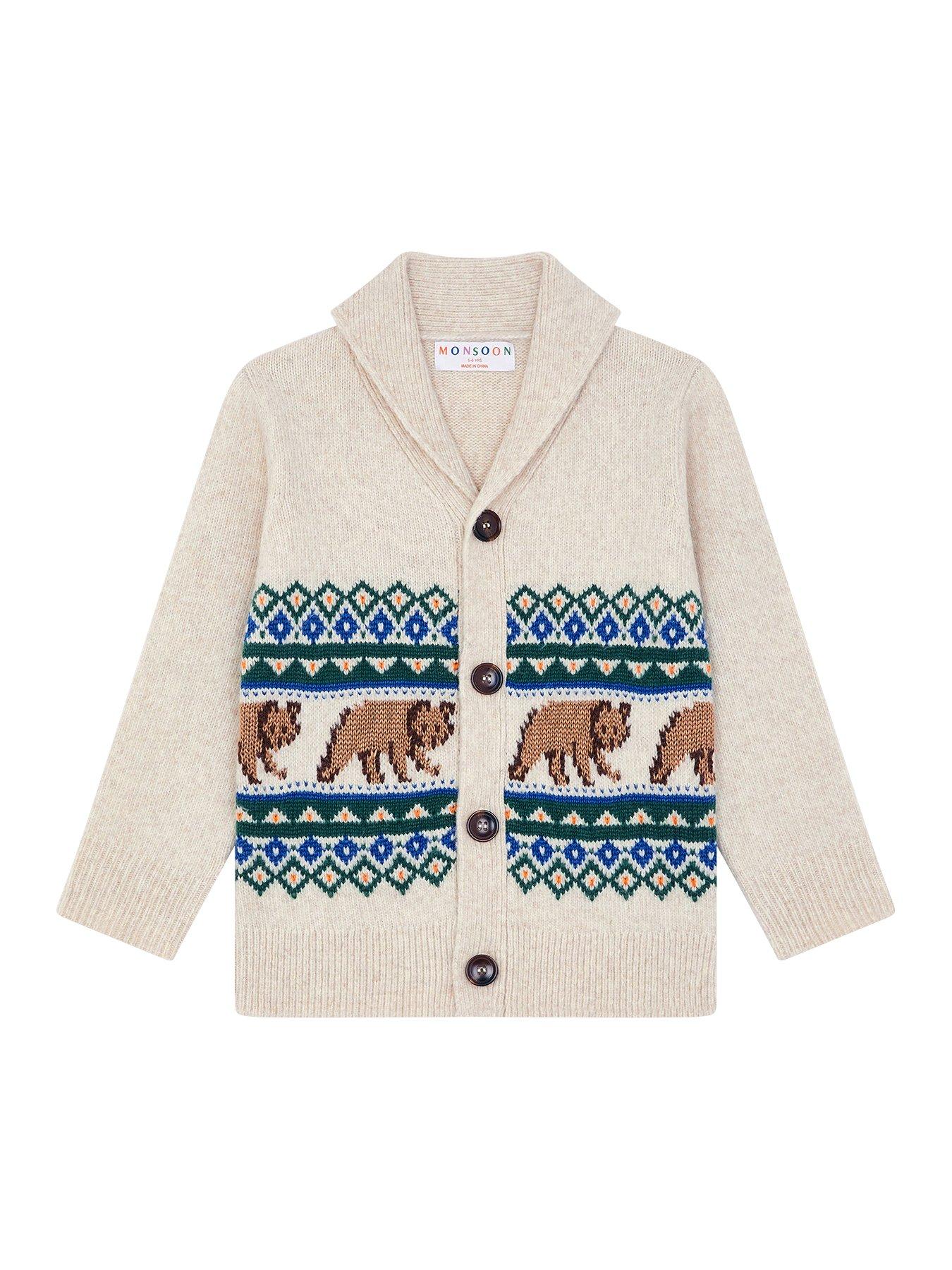 undefined Boys Fair Isle Bear Cardigan - Light Cream