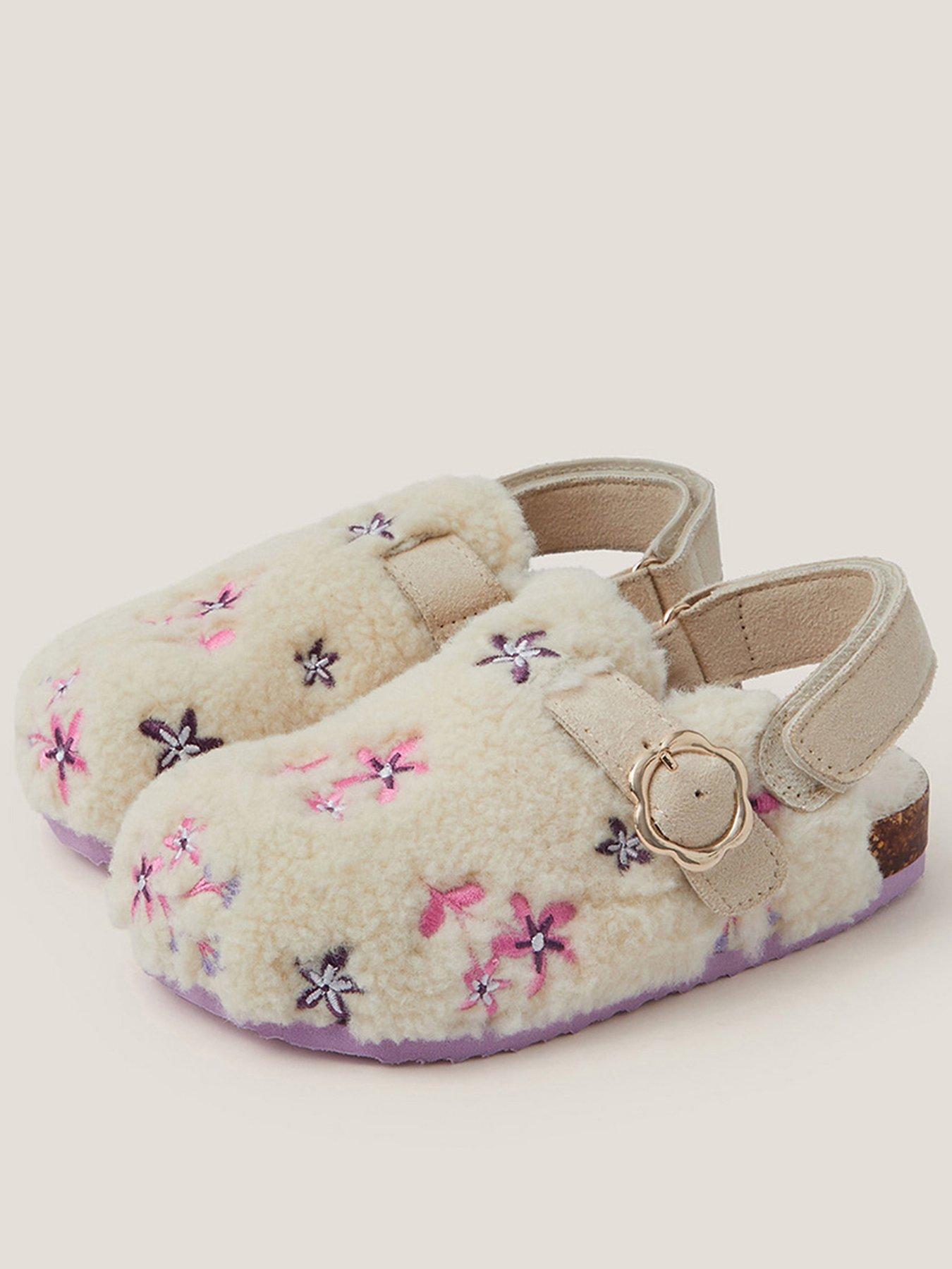 undefined Girls Flower Borg Clogs - Light Cream
