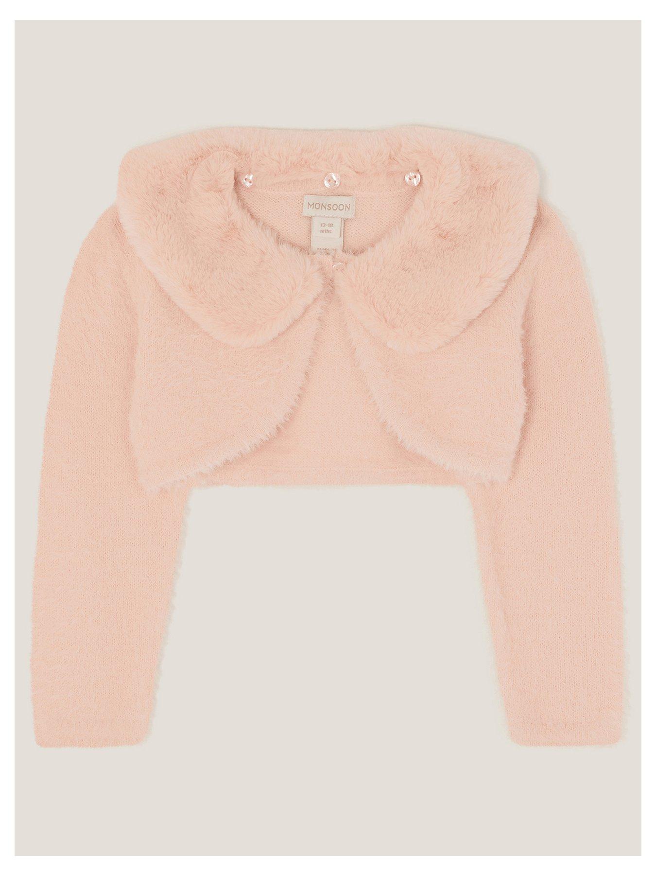 undefined Baby Girls Fluffy Detachable Faux Fur Collar Cardigan - Pink