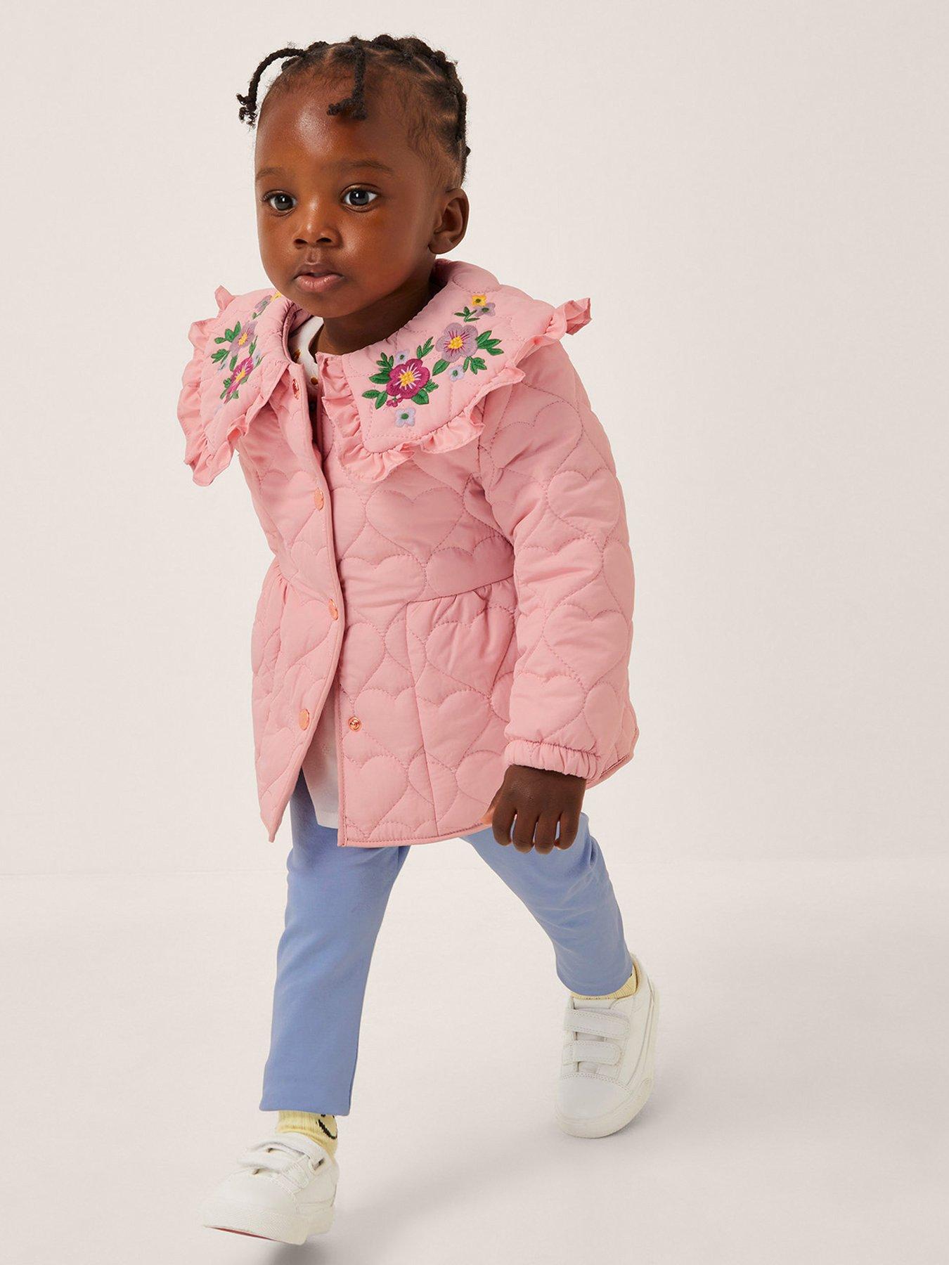 Image 1 of 4 of Monsoon Baby Girls Quilted Heart Embroidered Coat - Pink