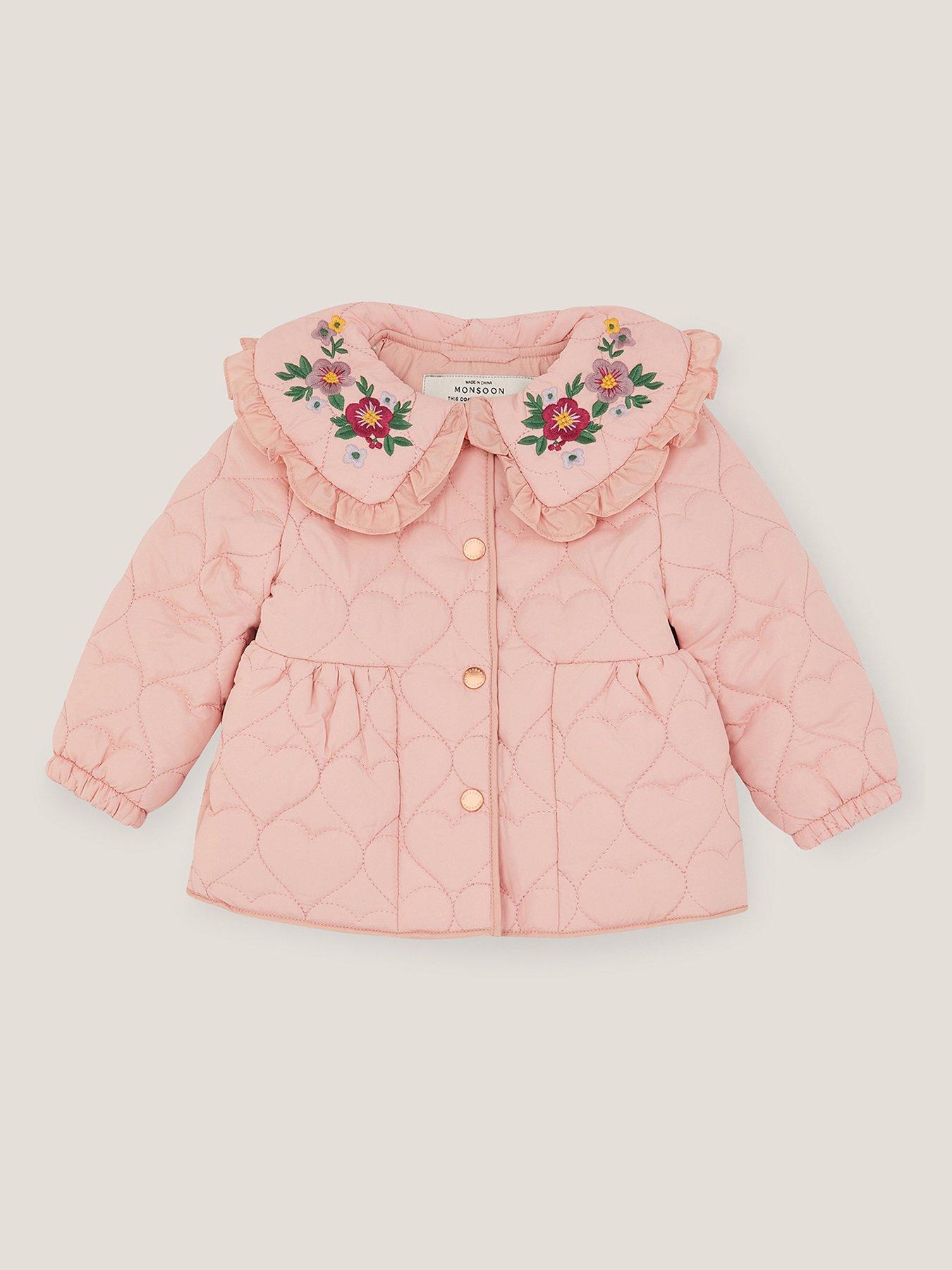 Image 2 of 4 of Monsoon Baby Girls Quilted Heart Embroidered Coat - Pink