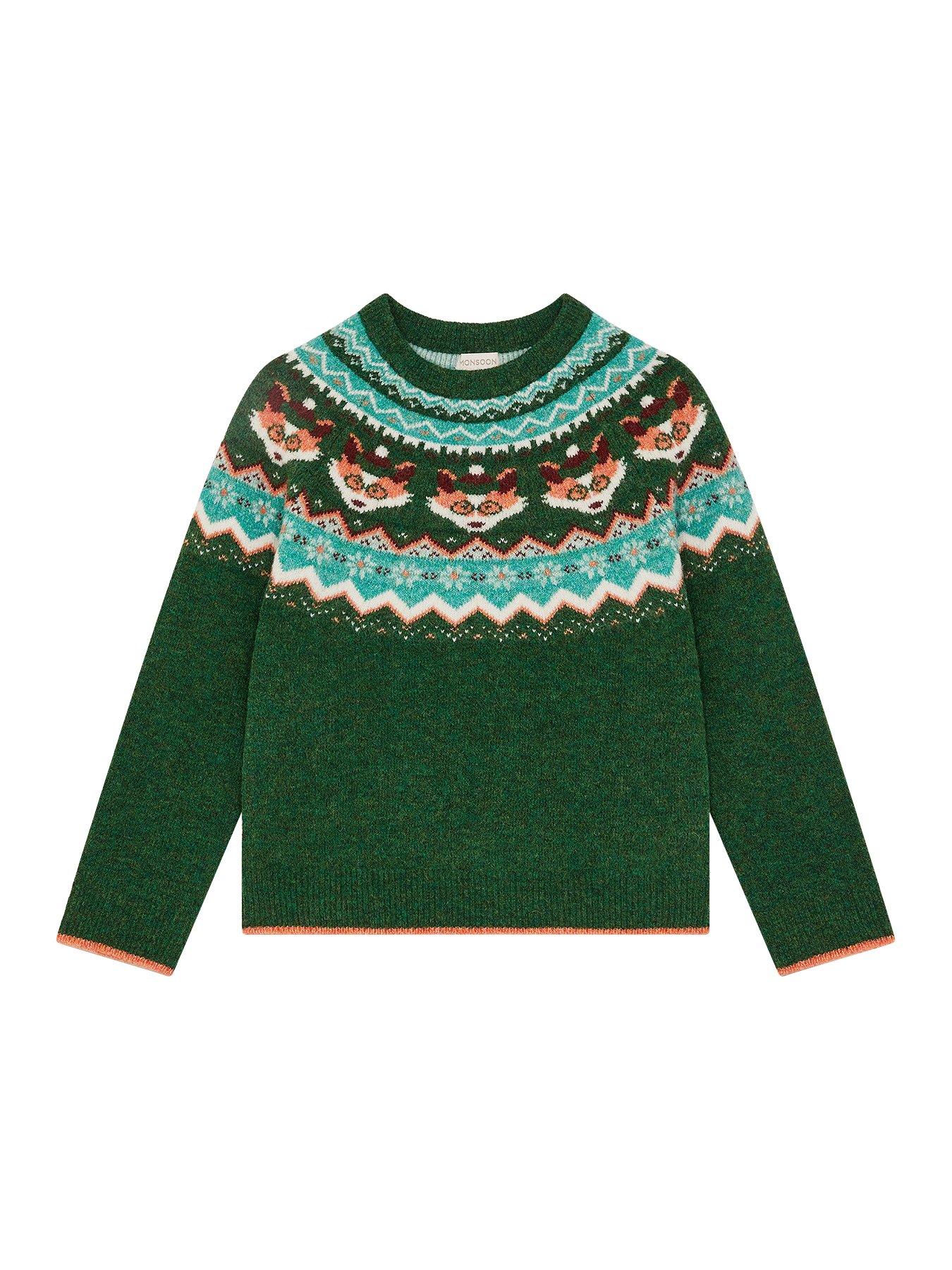 undefined Boys Crew Neck Fairisle Fox Jumper - Green