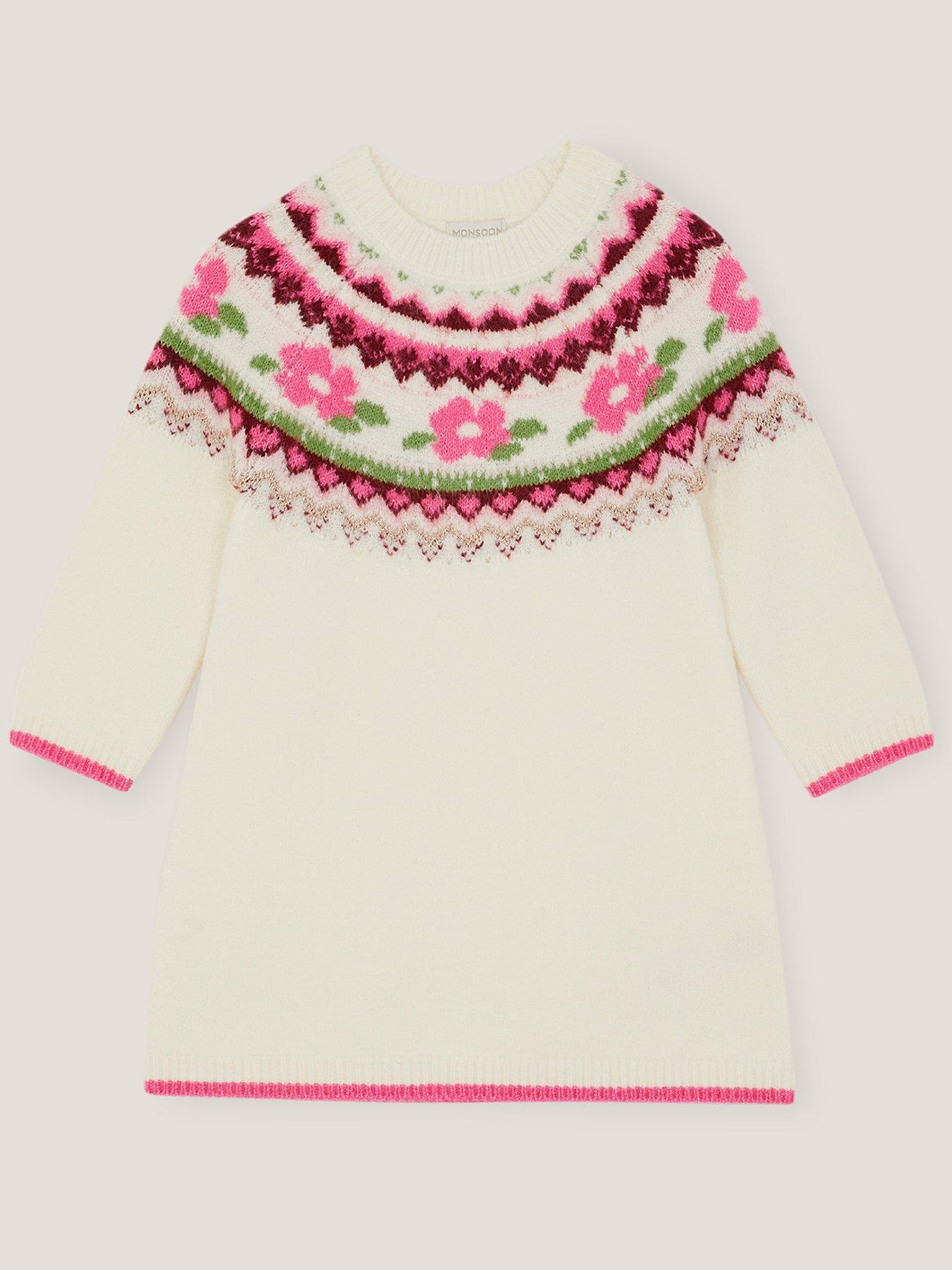 Image 3 of 4 of Monsoon Baby Girls Rose Knitted Dress - Light Cream