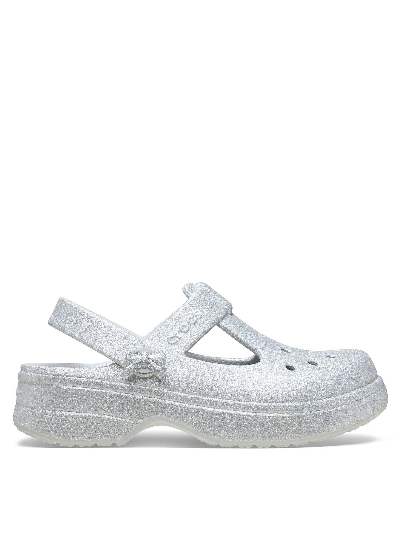 front image of crocs-classic-mary-jane-bow-glitter-clog-grey