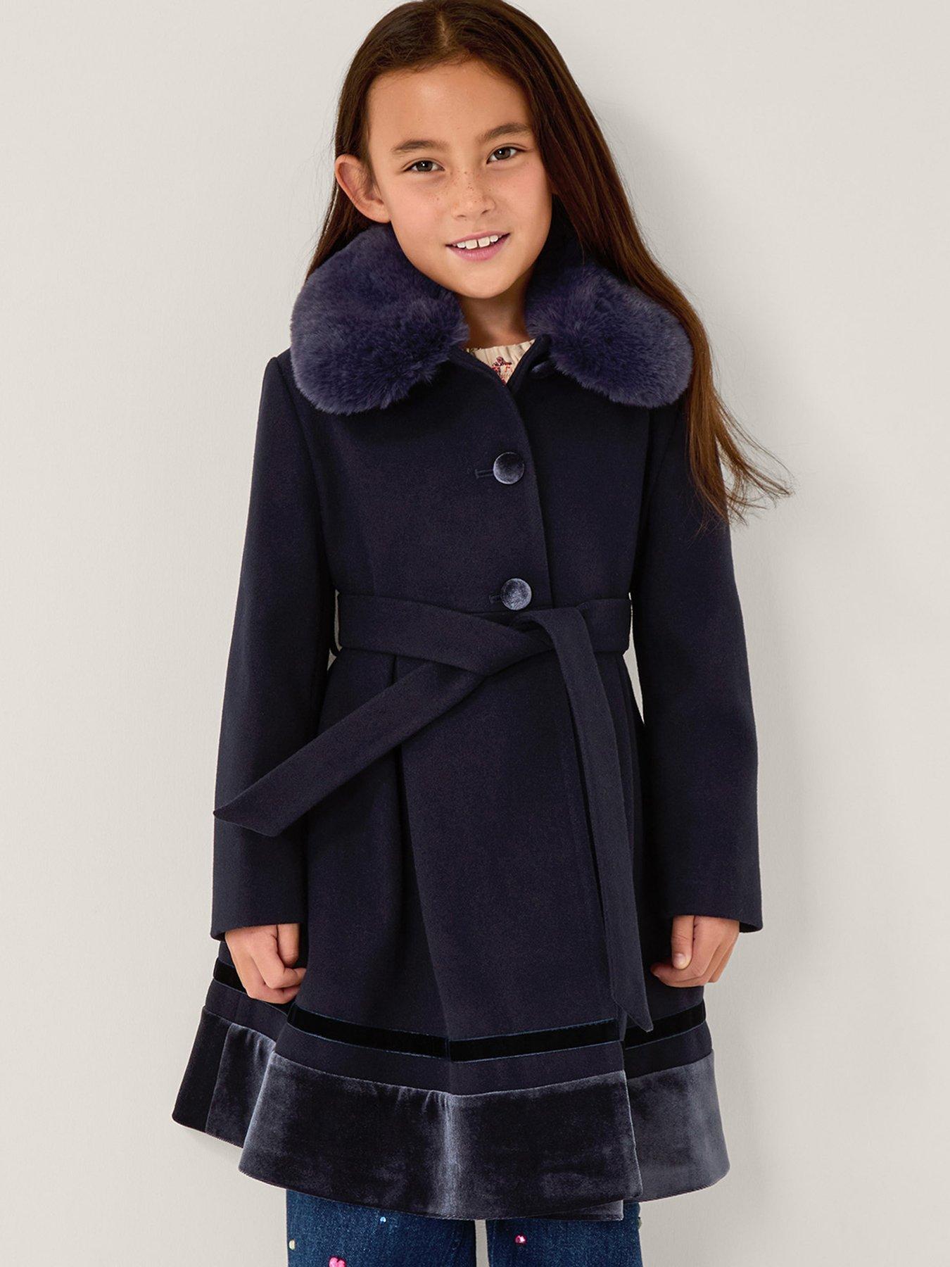 undefined Girls Velvet Trim Coat - Navy