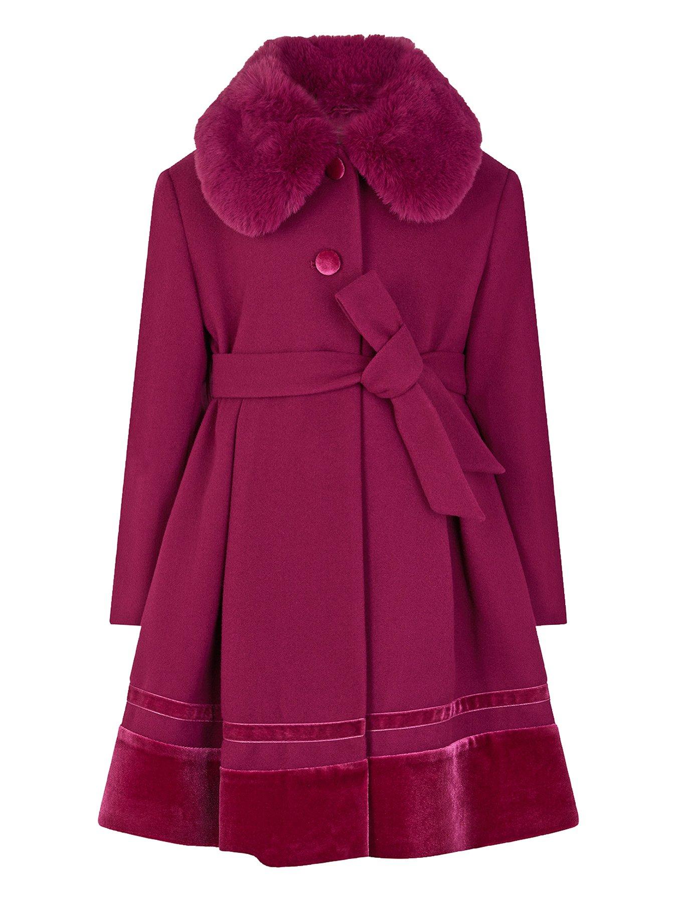 undefined Girls Velvet Trim Dress Coat - Dark Red